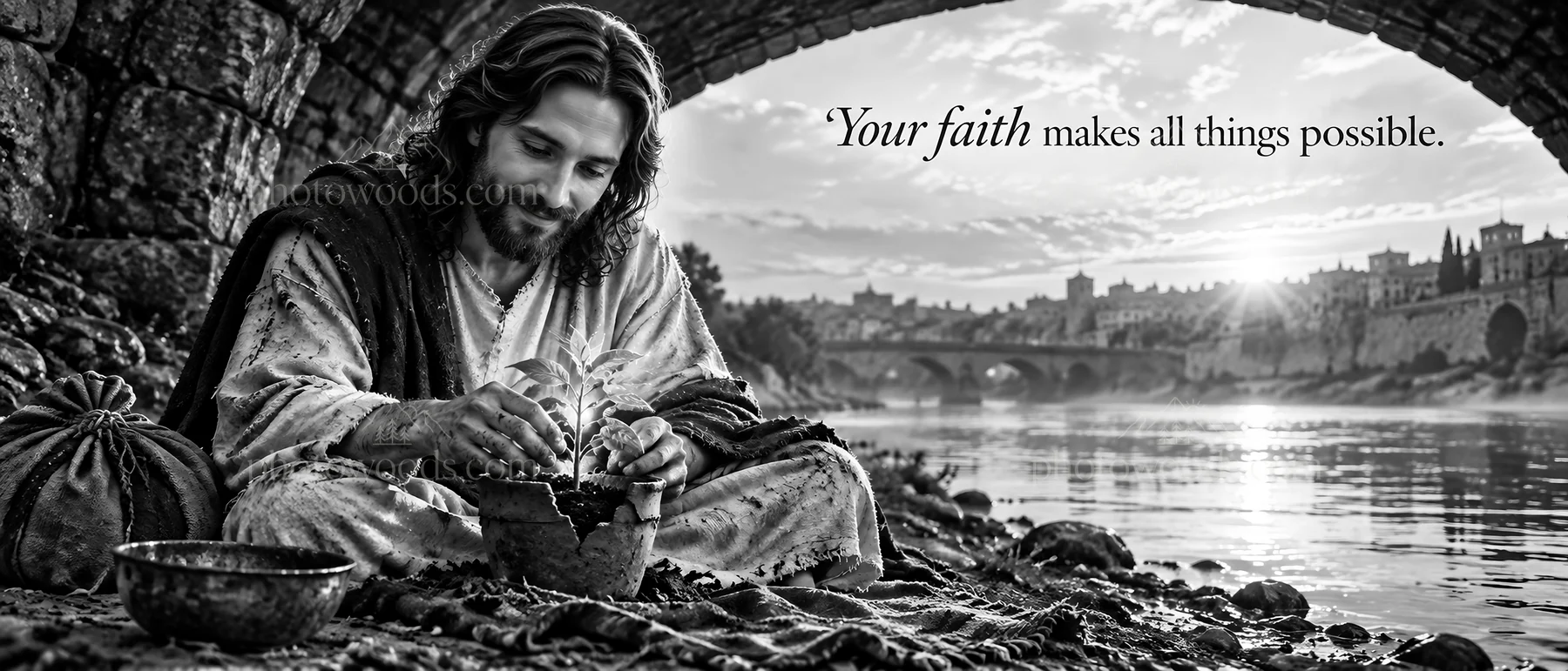 Jesus Christ planting seeds by the river - AI-generated stock image