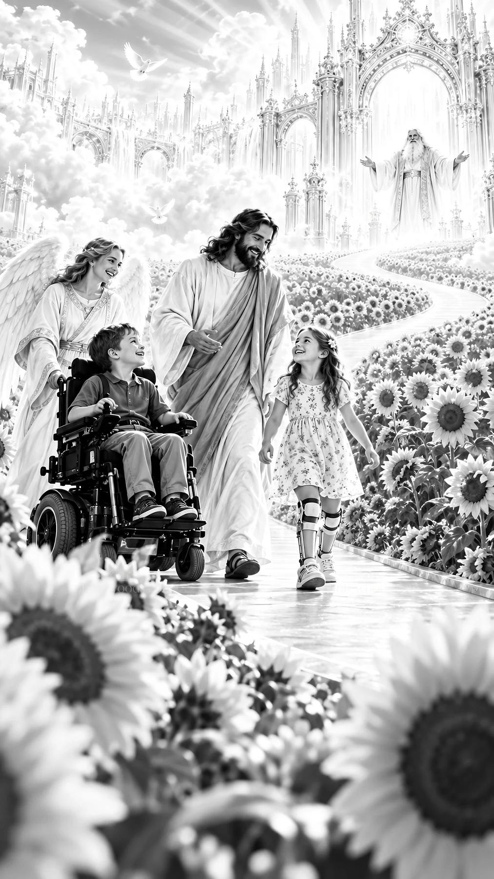 Jesus Christ walking with children in a heavenly garden - AI-generated stock image