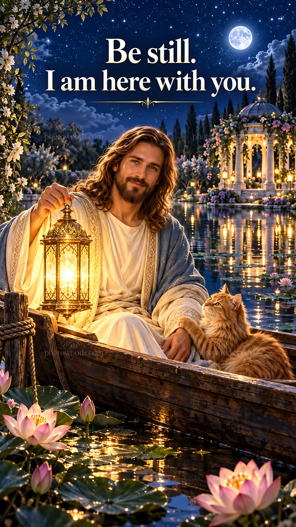 Jesus Christ in a boat with a lantern and cat by a serene lake - AI-generated stock image