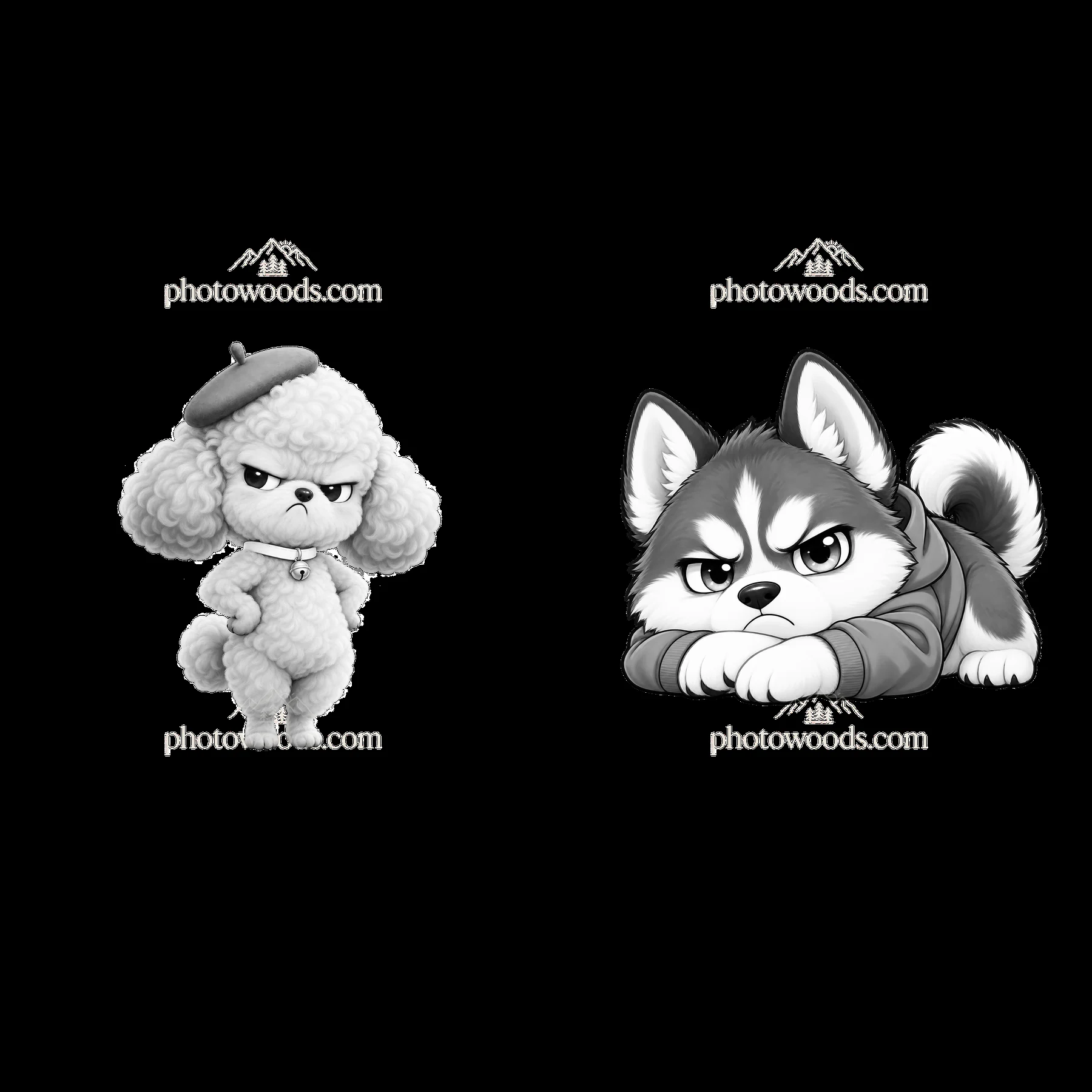 Kawaii grumpy dog sticker pair with unique expressions - AI-generated stock image