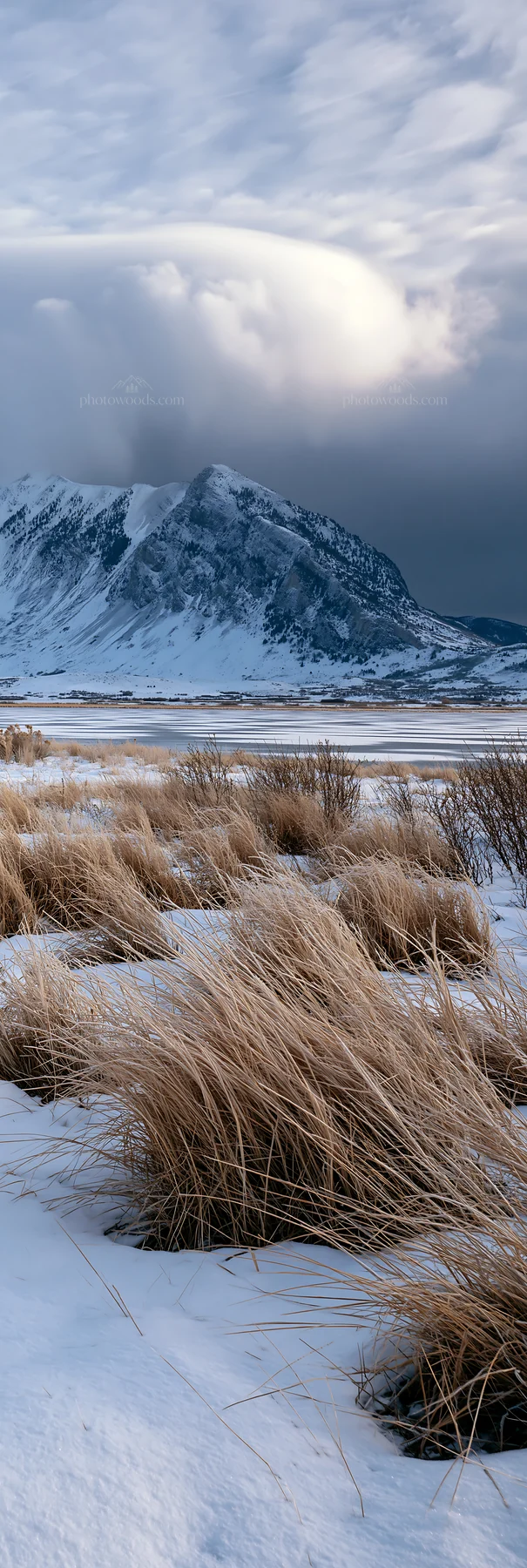 Snowy lakeside meadow with tall grass and mountains in background - AI-generated stock image
