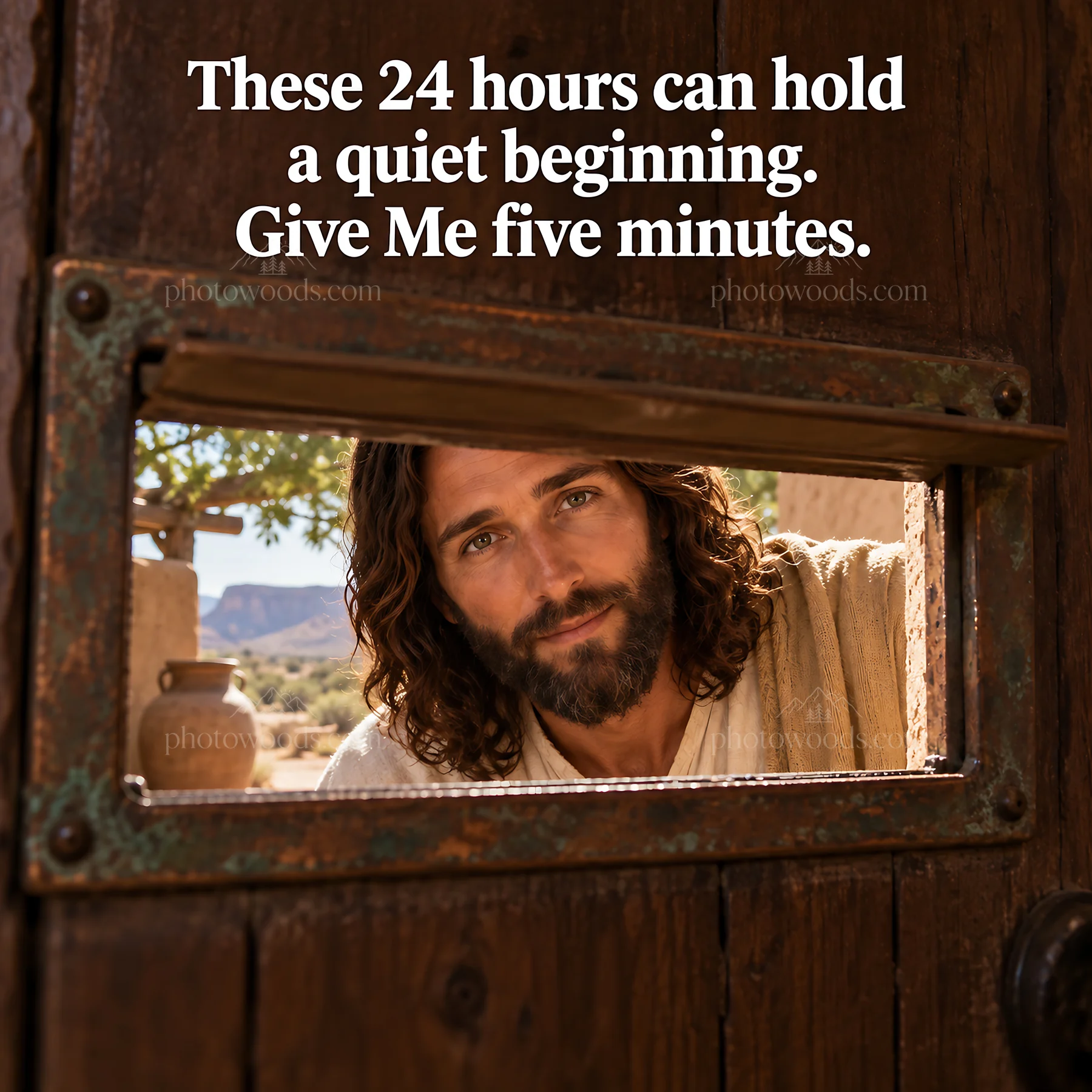 Jesus Christ inviting reflection and connection through a door - AI-generated stock image