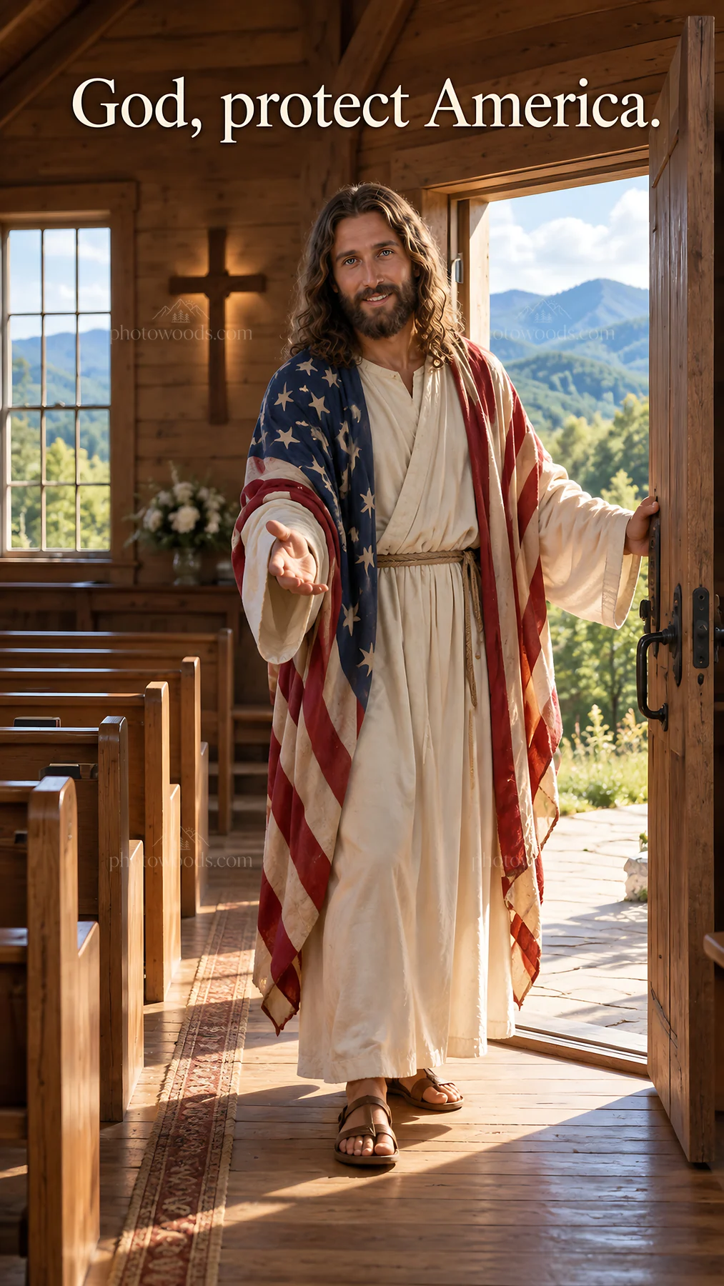 Jesus Christ welcoming viewers in an American chapel - AI-generated stock image