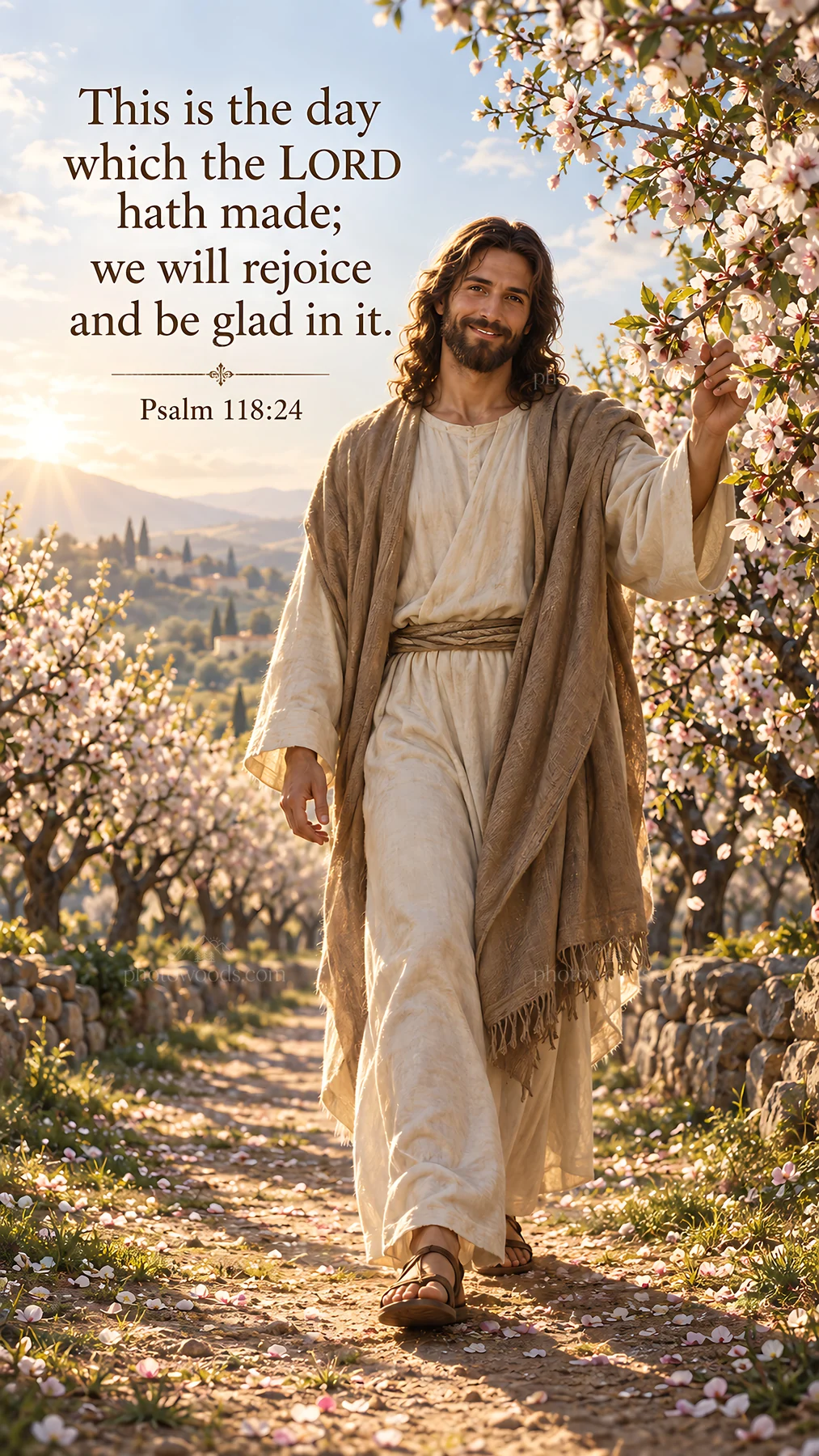 Jesus Christ walking through a field of blooming trees - AI-generated stock image