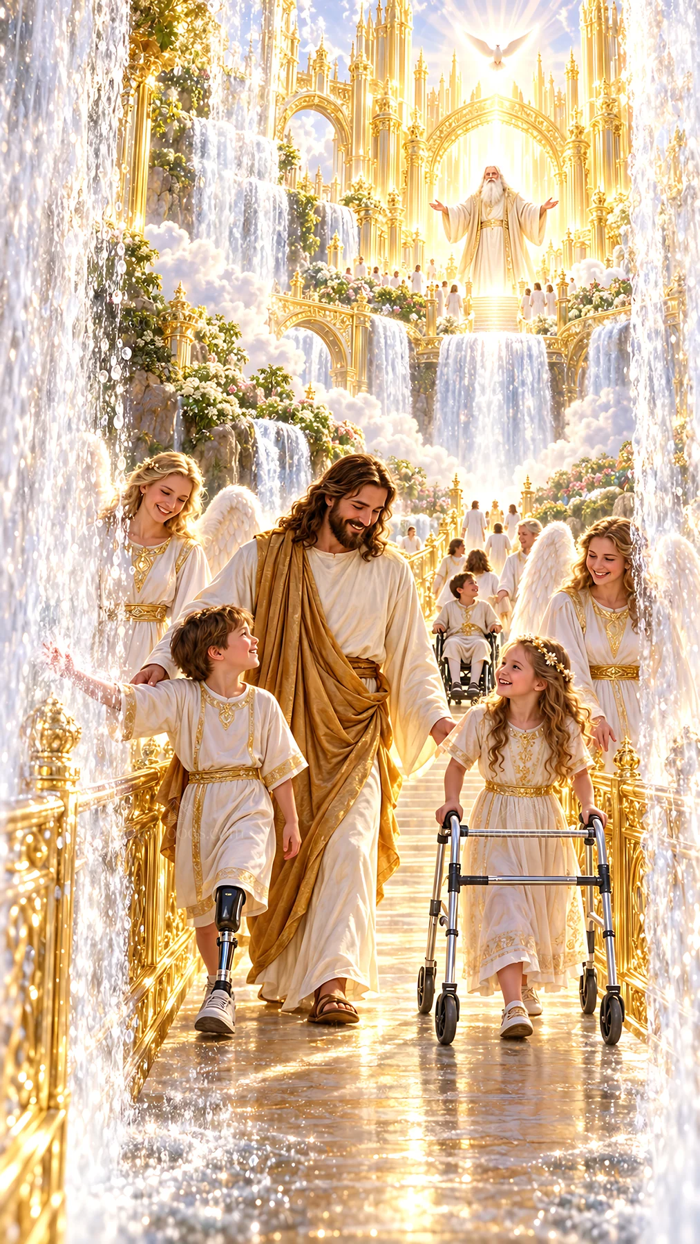 Jesus Christ walking with children in a heavenly setting - AI-generated stock image