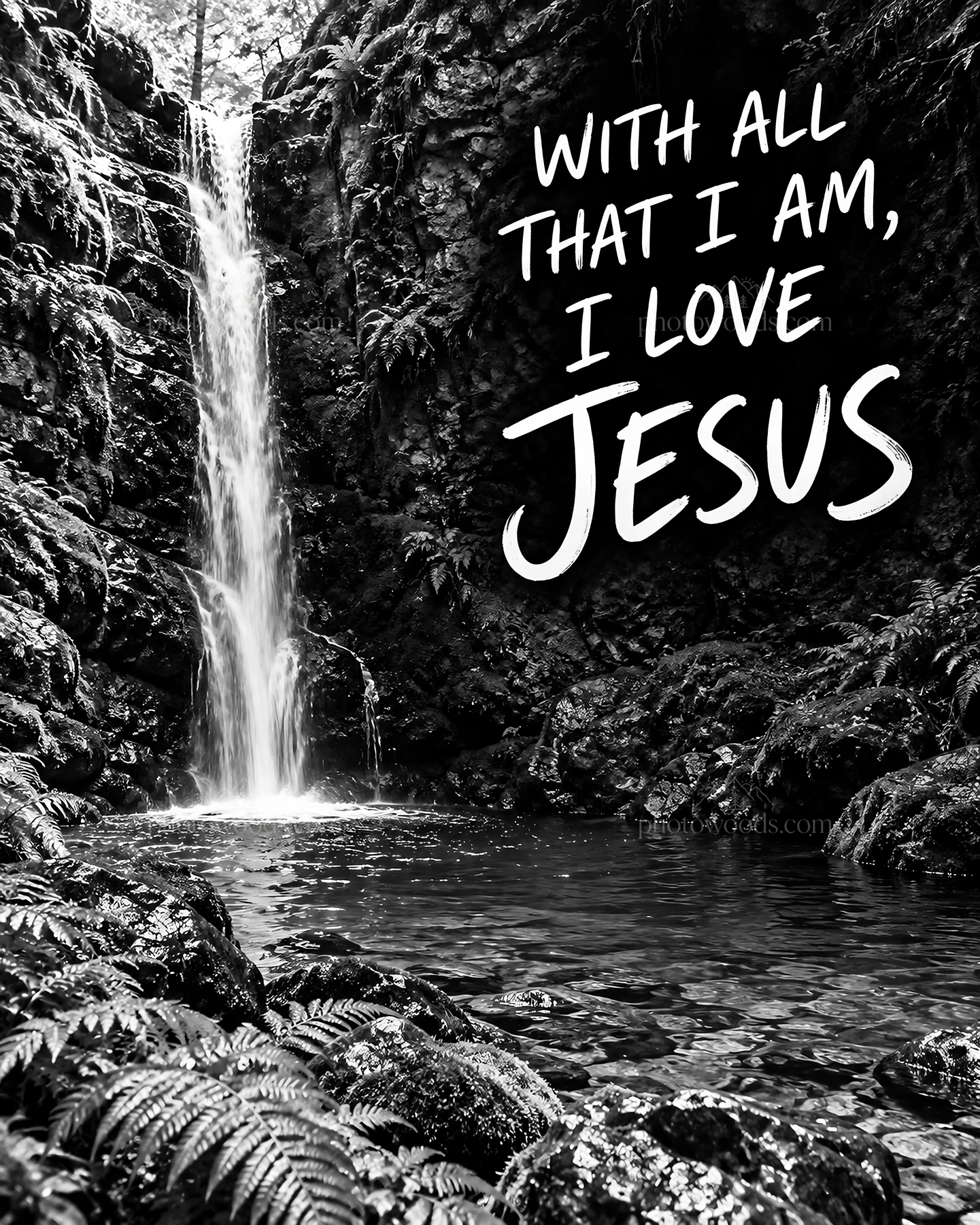 Waterfall scene with love for Jesus Christ expressed - AI-generated stock image