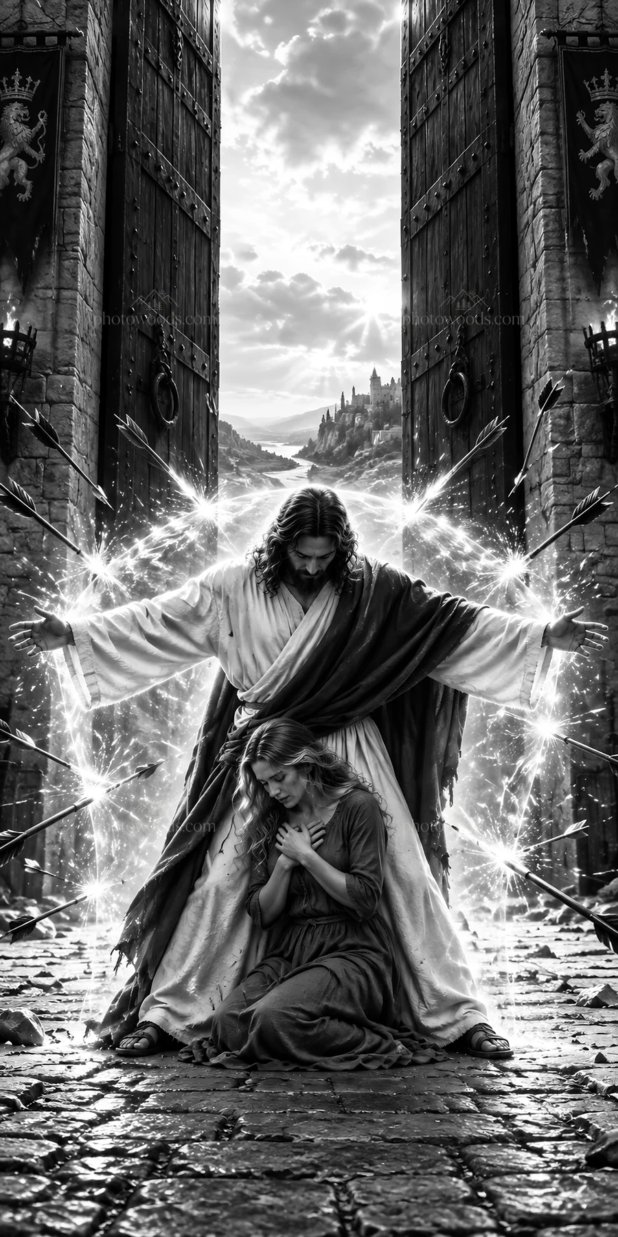 Jesus Christ protects a woman in a scene of compassion - AI-generated stock image