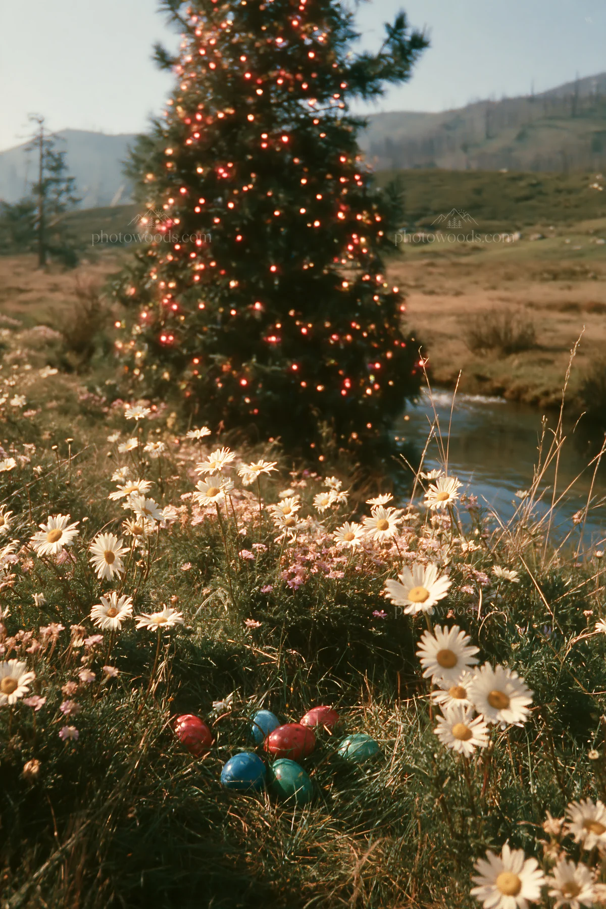 Christmas tree beside stream in meadow with flowers - AI-generated stock image