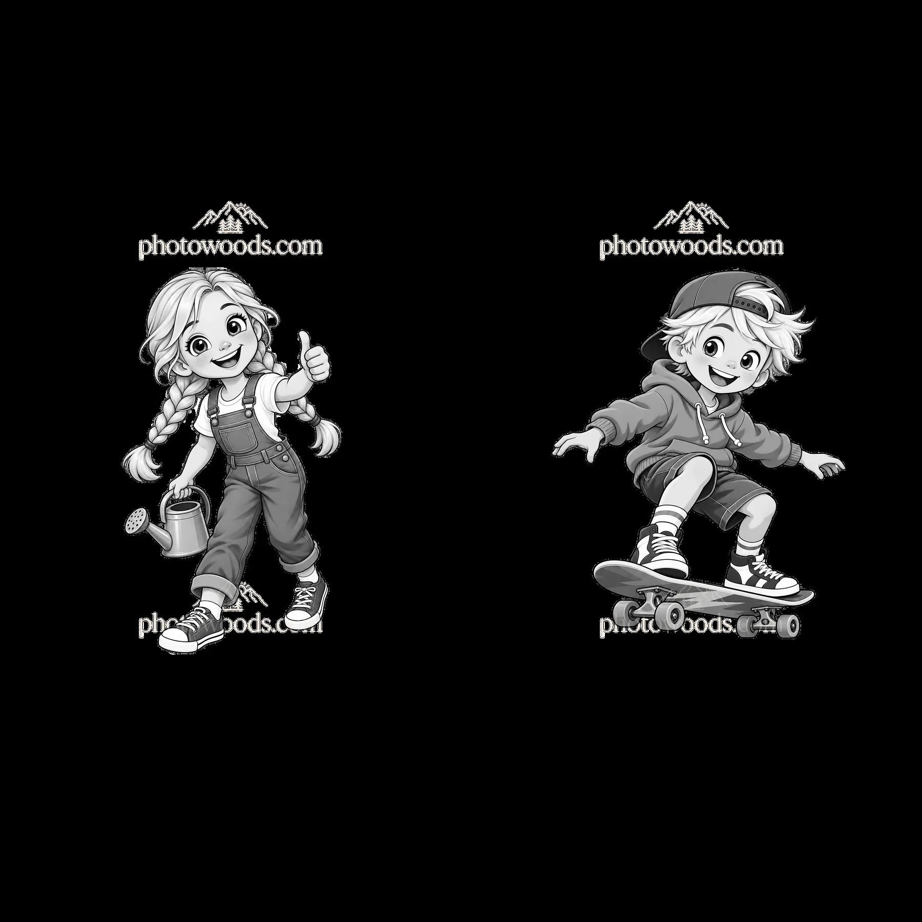Blond child with watering can and boy skating on a skateboard - AI-generated stock image