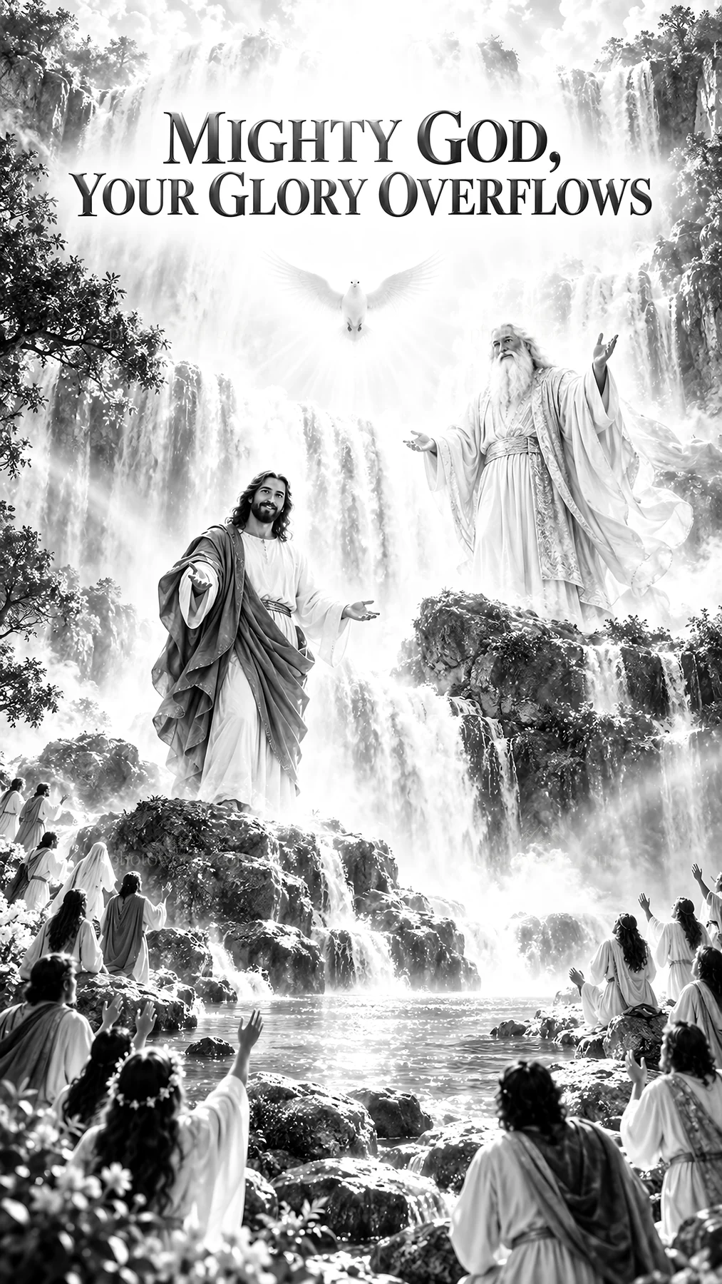 Jesus Christ welcomes worshippers at a cascading waterfall - AI-generated stock image