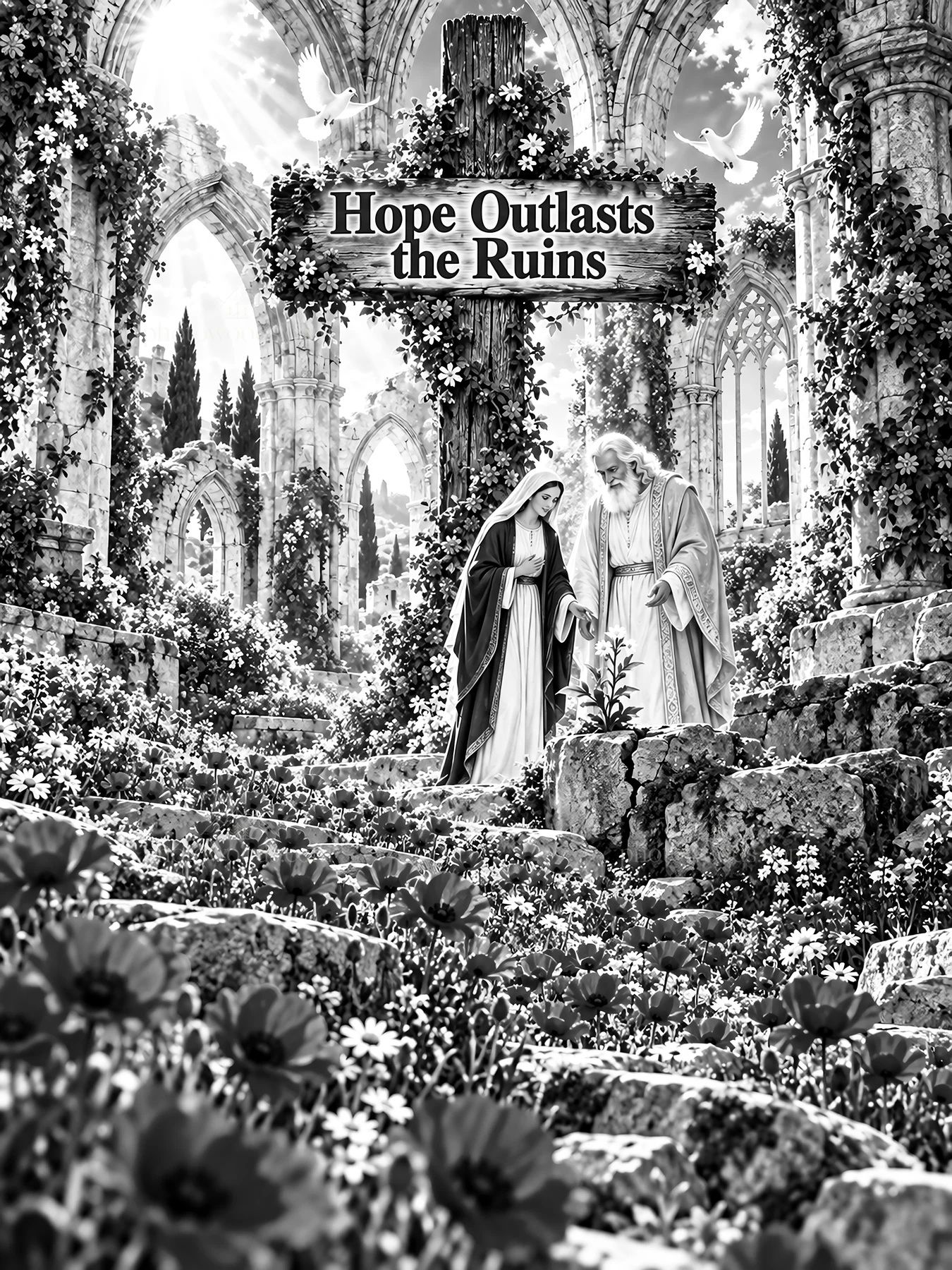 Jesus Christ offers hope to a woman in a ruined garden - AI-generated stock image