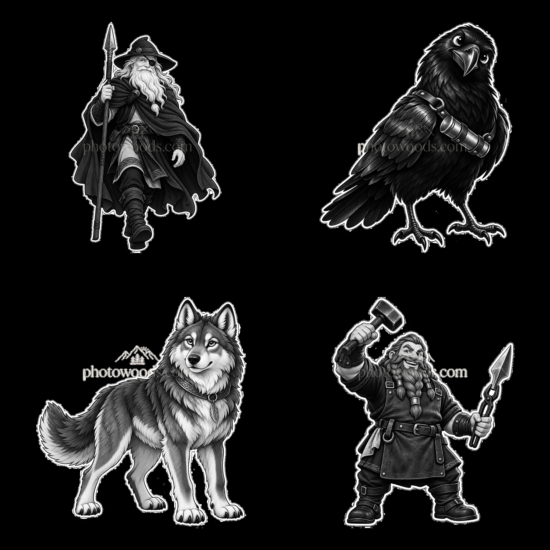 Odin the Norse All-Father with companions in a black-and-white design - AI-generated stock image