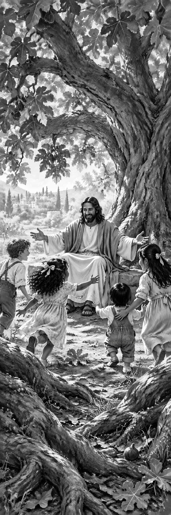 Jesus Christ welcoming children in a serene outdoor setting - AI-generated stock image