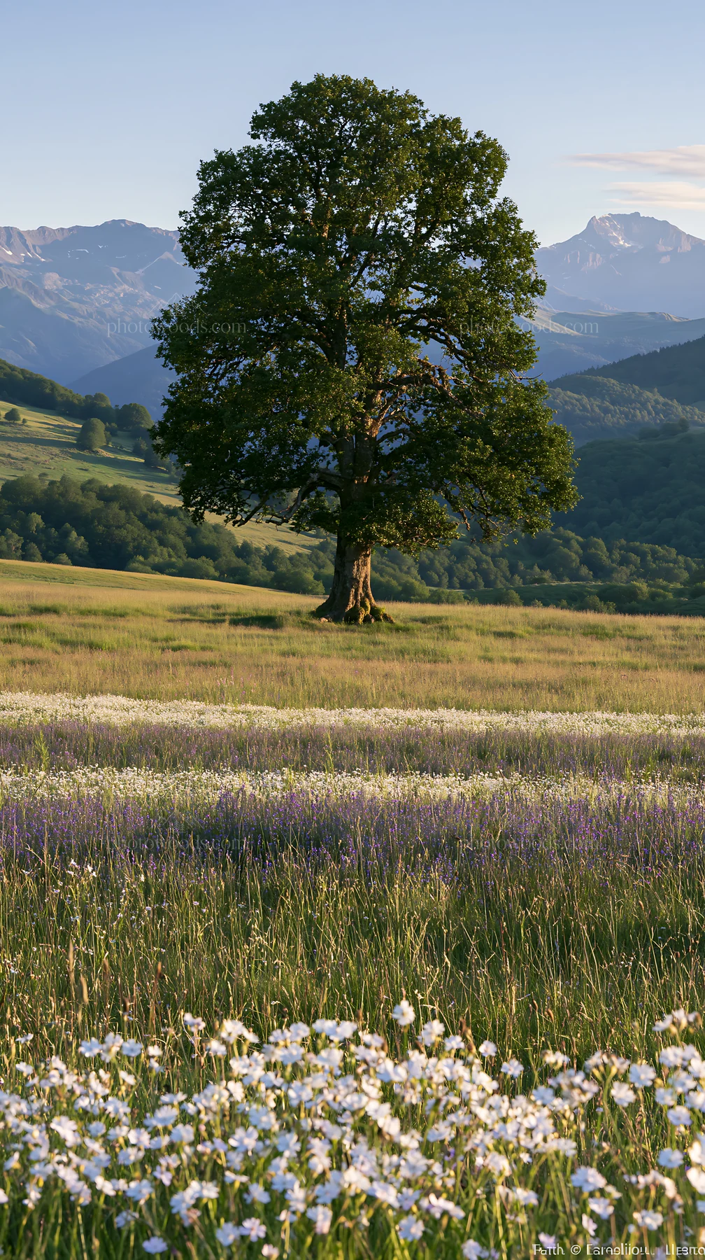 French meadow with trees and Pyrenees mountains in background - AI-generated stock image