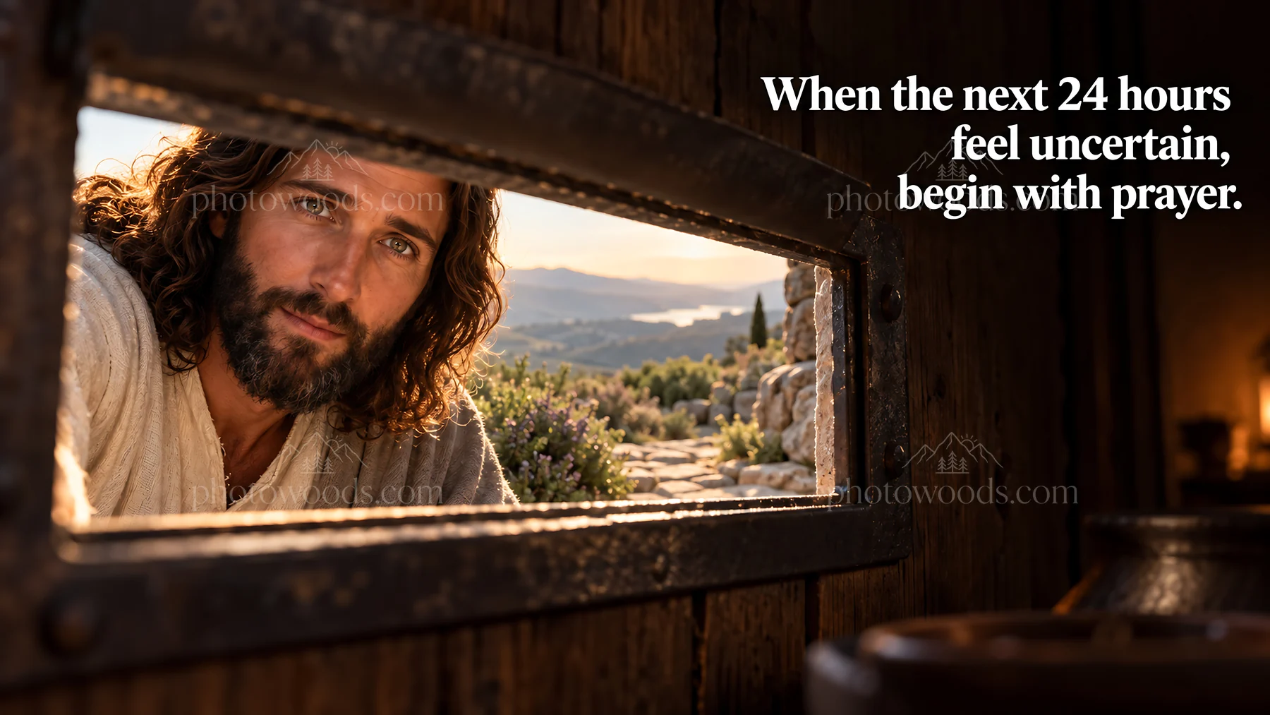 Jesus Christ offers comfort through a window - AI-generated stock image