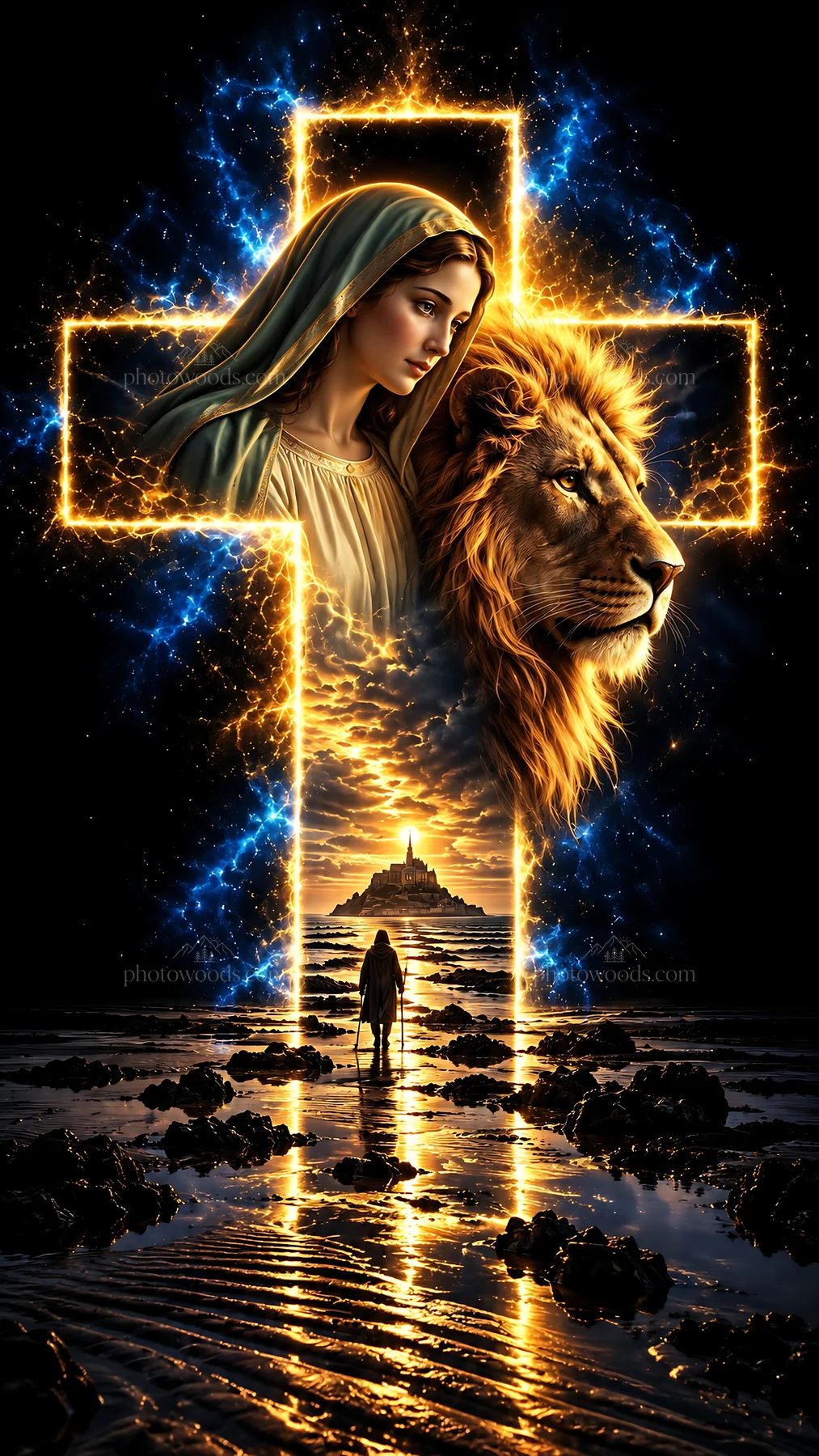 Jesus Christ surrounded by symbols of faith and devotion - AI-generated stock image