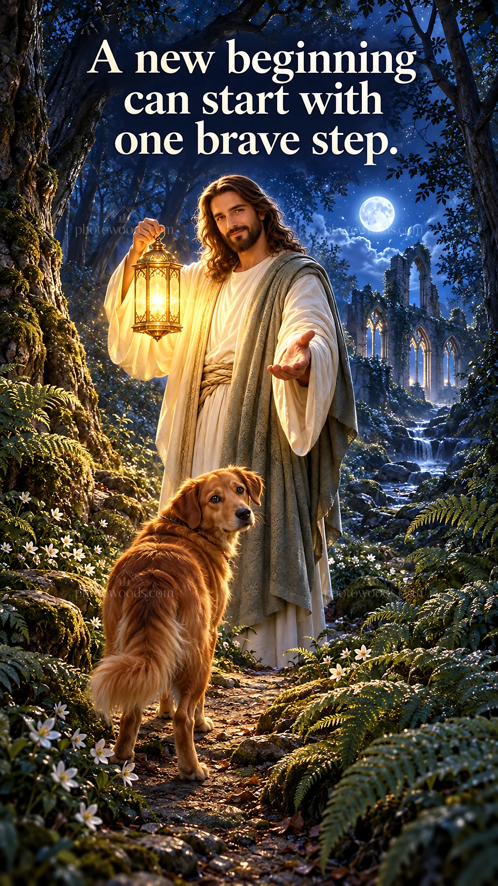 Jesus Christ guiding a dog in a forest path - AI-generated stock image