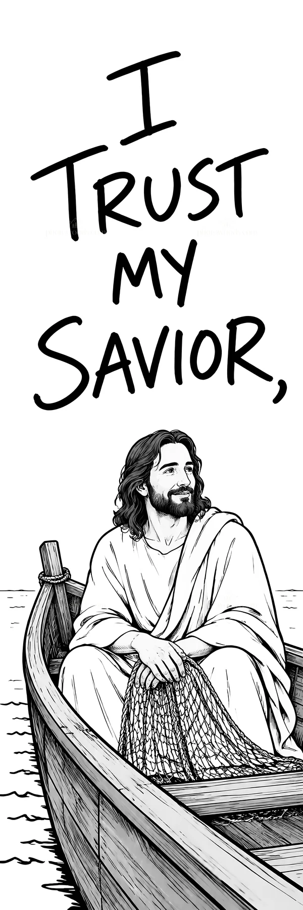 Jesus Christ sitting in a boat with a fishing net - AI-generated stock image