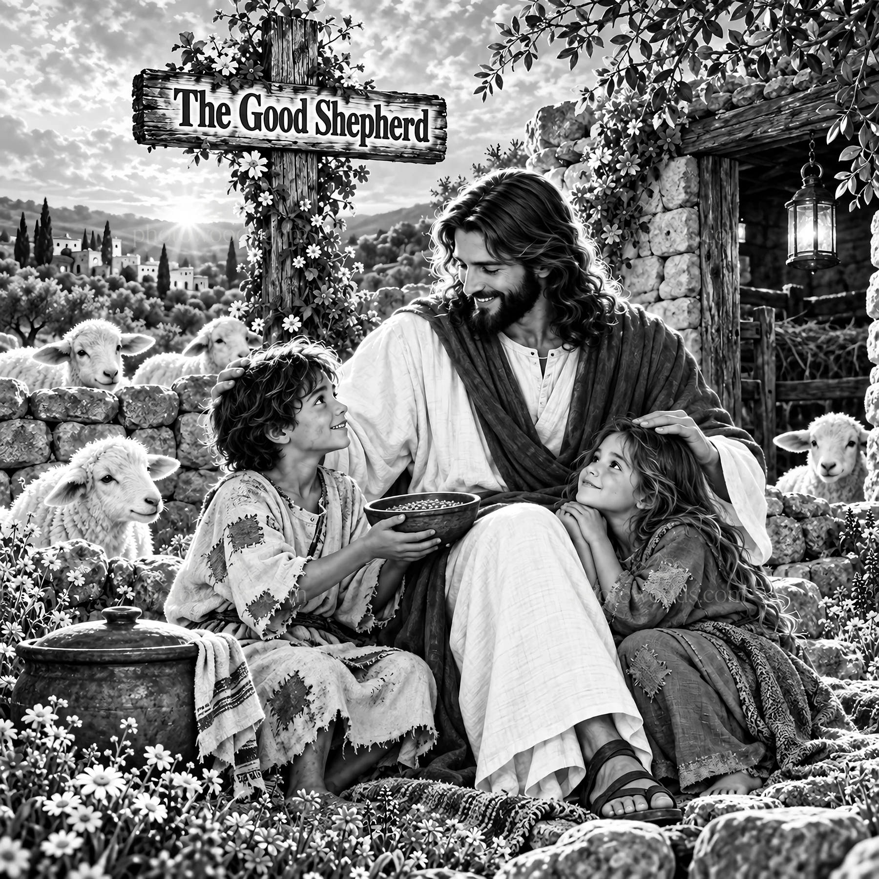 Jesus Christ sharing a meal with children and sheep - AI-generated stock image