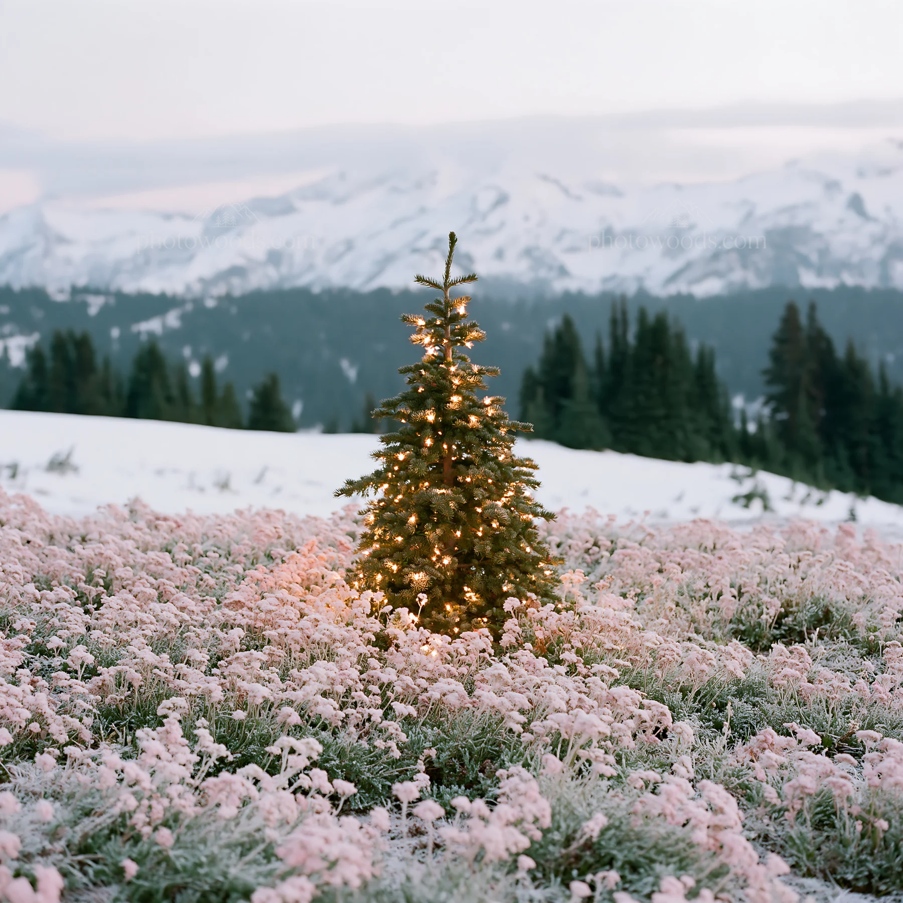 Christmas tree with lights in snowy mountain meadow - AI-generated stock image