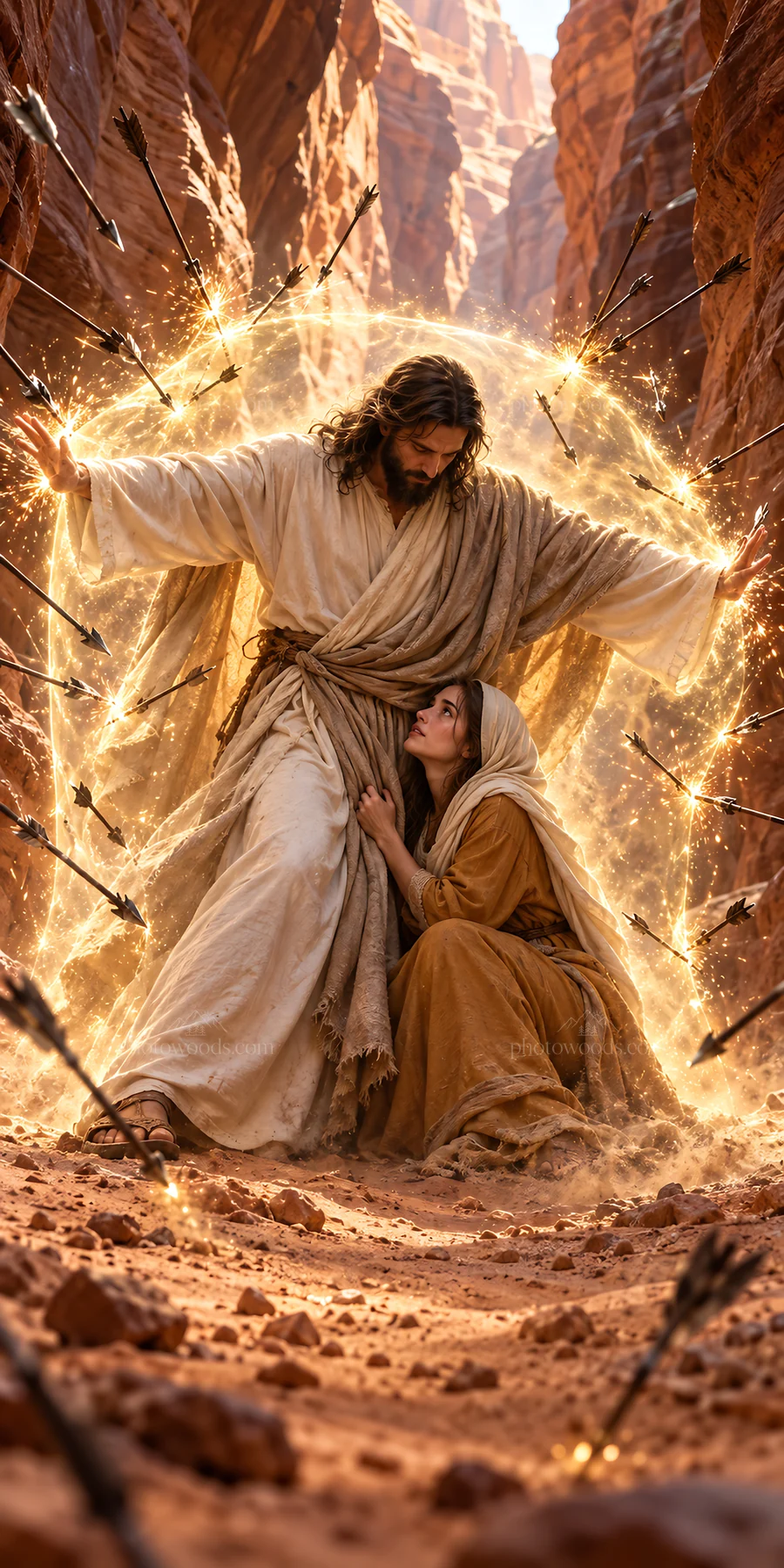 Jesus Christ protects a woman in a scene with arrows - AI-generated stock image