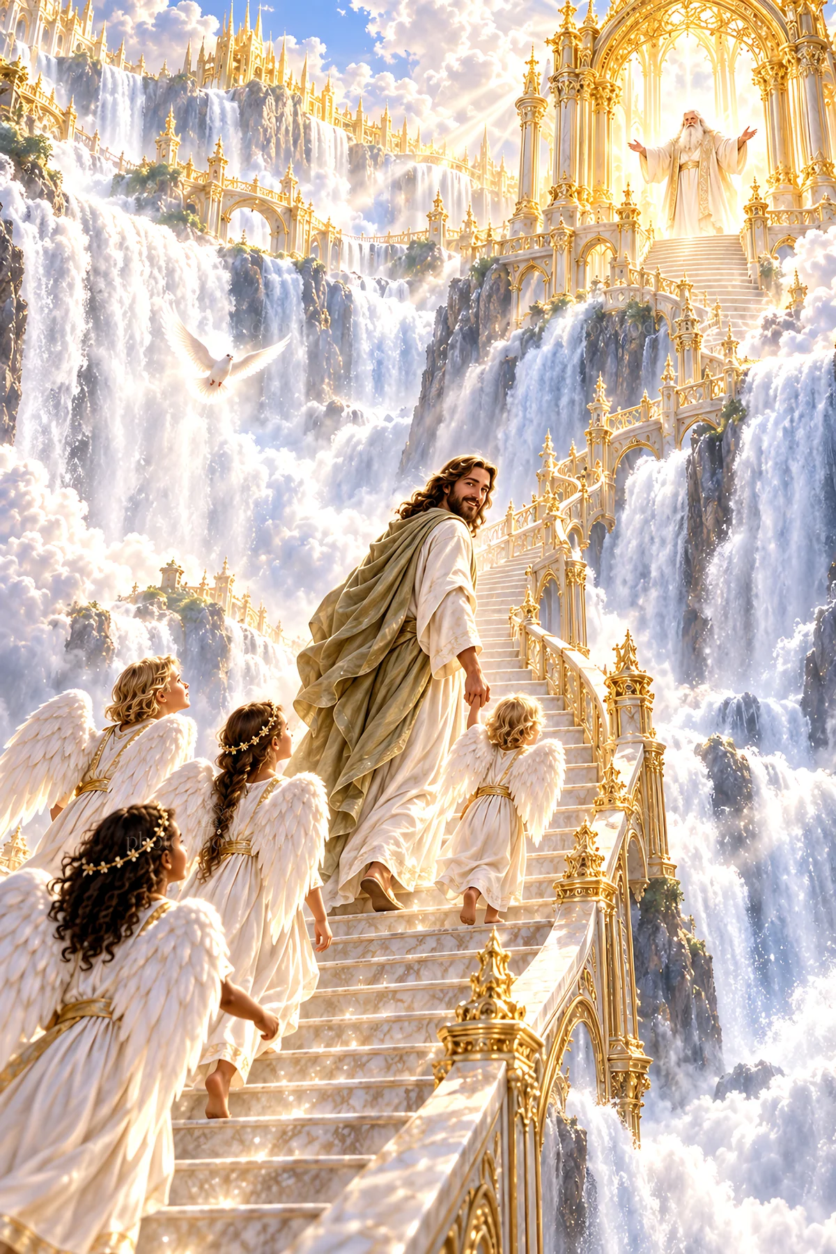 Jesus Christ walking up stairs with angels - AI-generated stock image