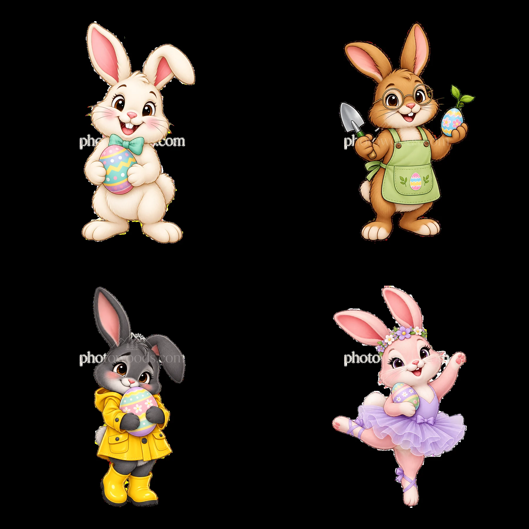 Easter bunnies decorating colorful eggs in a playful scene - AI-generated stock image