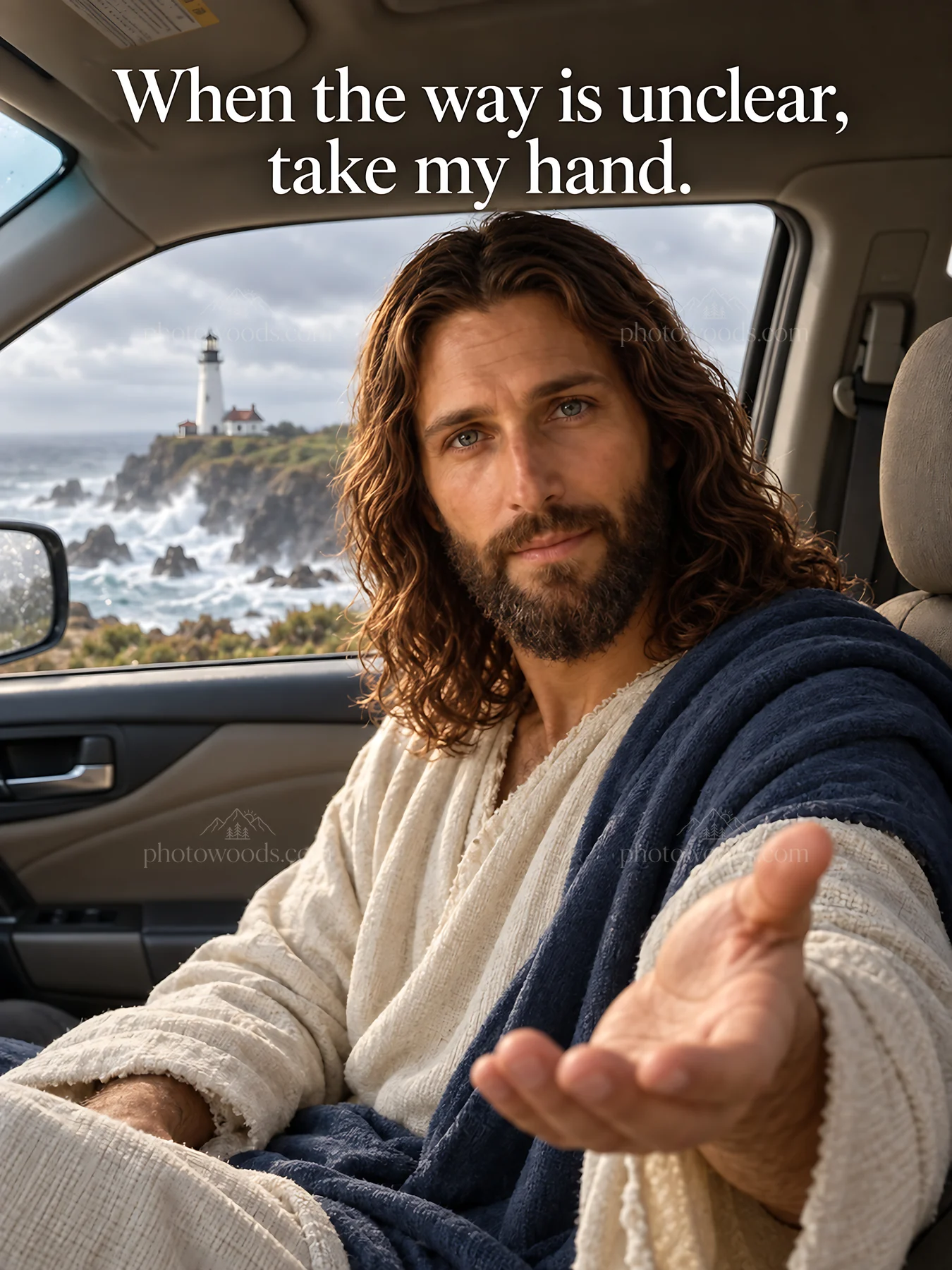 Jesus Christ reaching out with compassion in a vehicle - AI-generated stock image