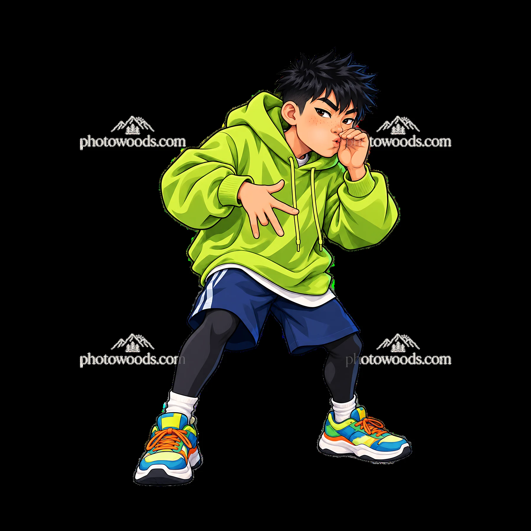 Hip-hop artist in green hoodie striking a pose - AI-generated stock image