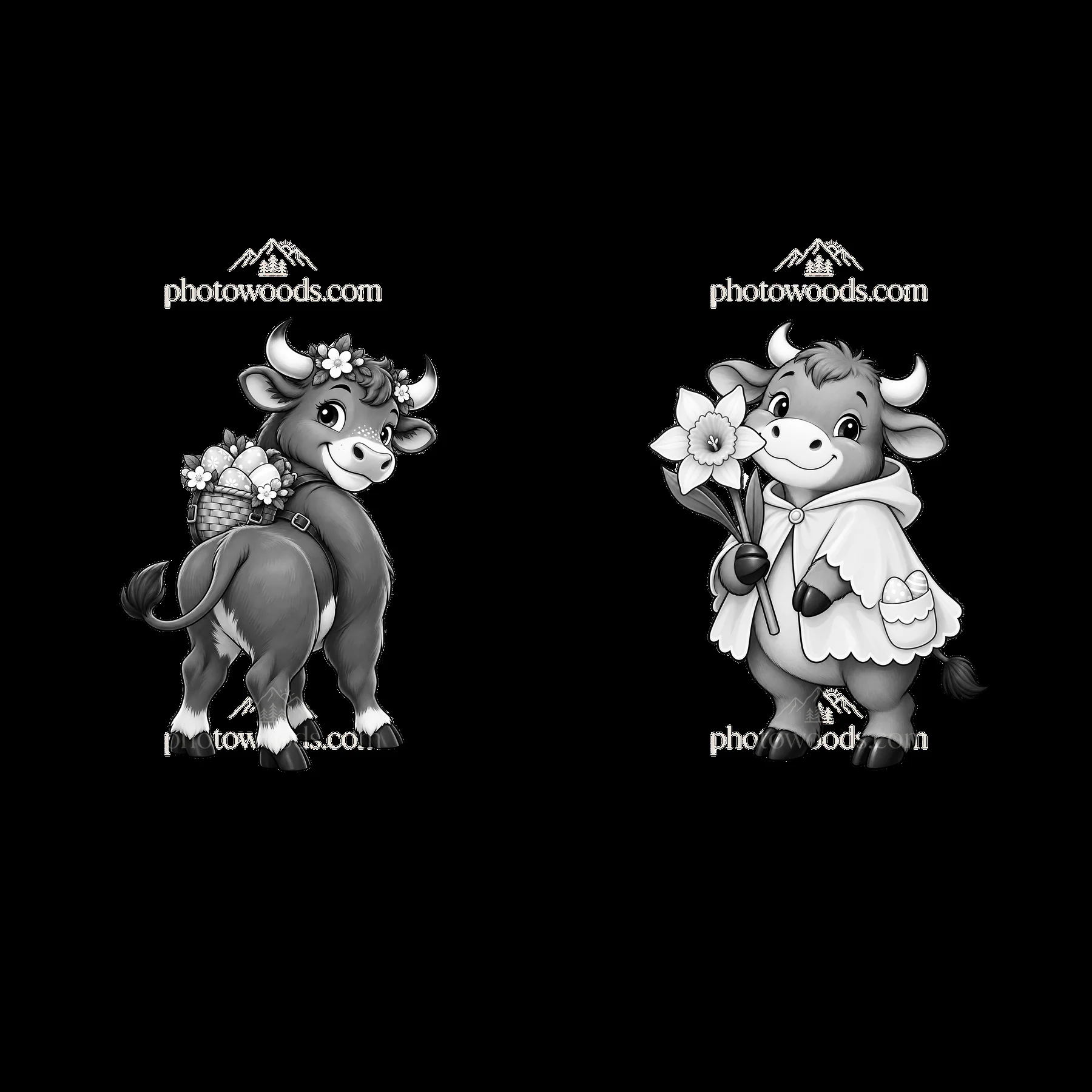 Easter ox characters with flowers and a basket of eggs - AI-generated stock image