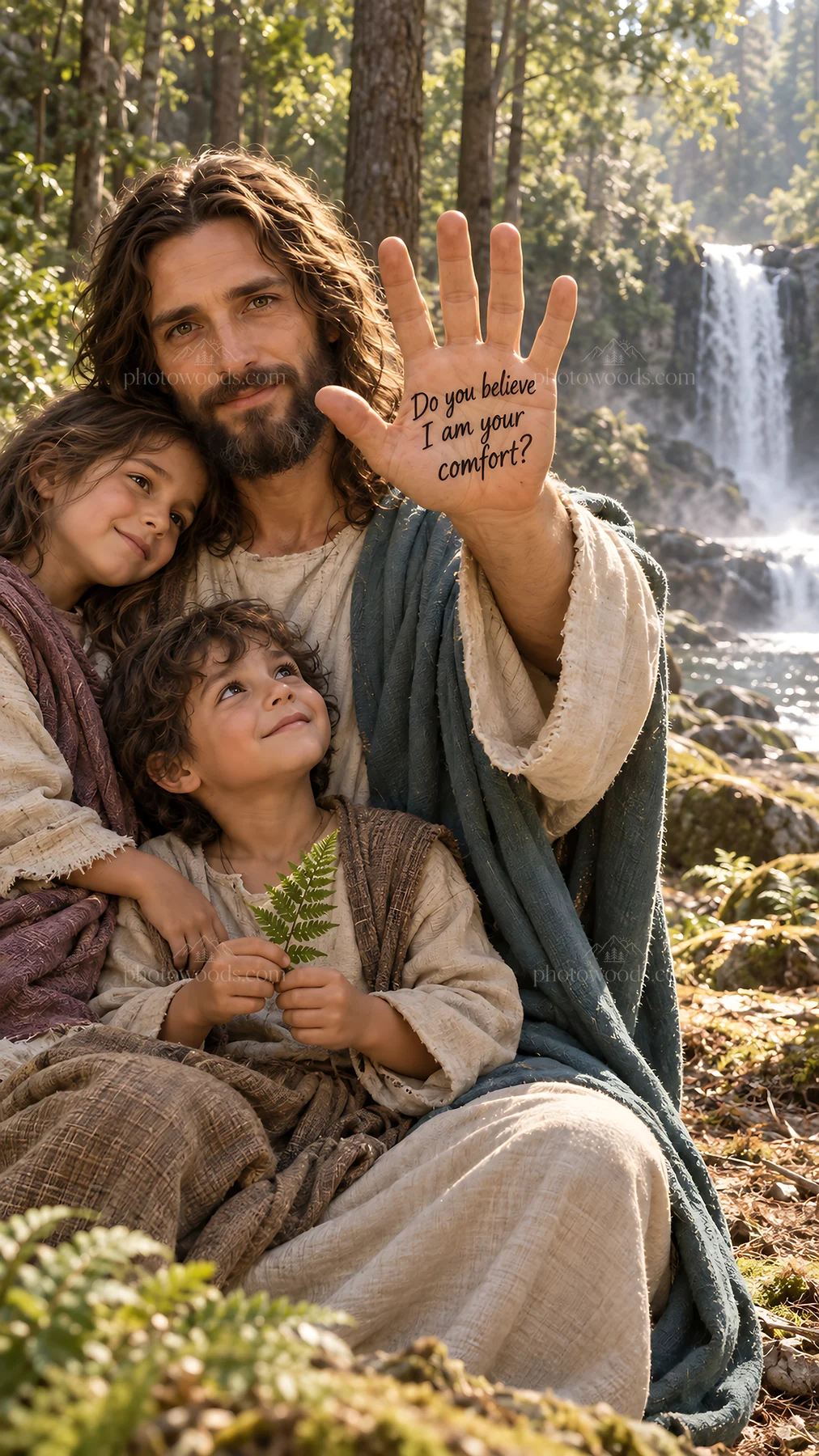 Jesus Christ comforting children in a forest setting - AI-generated stock image