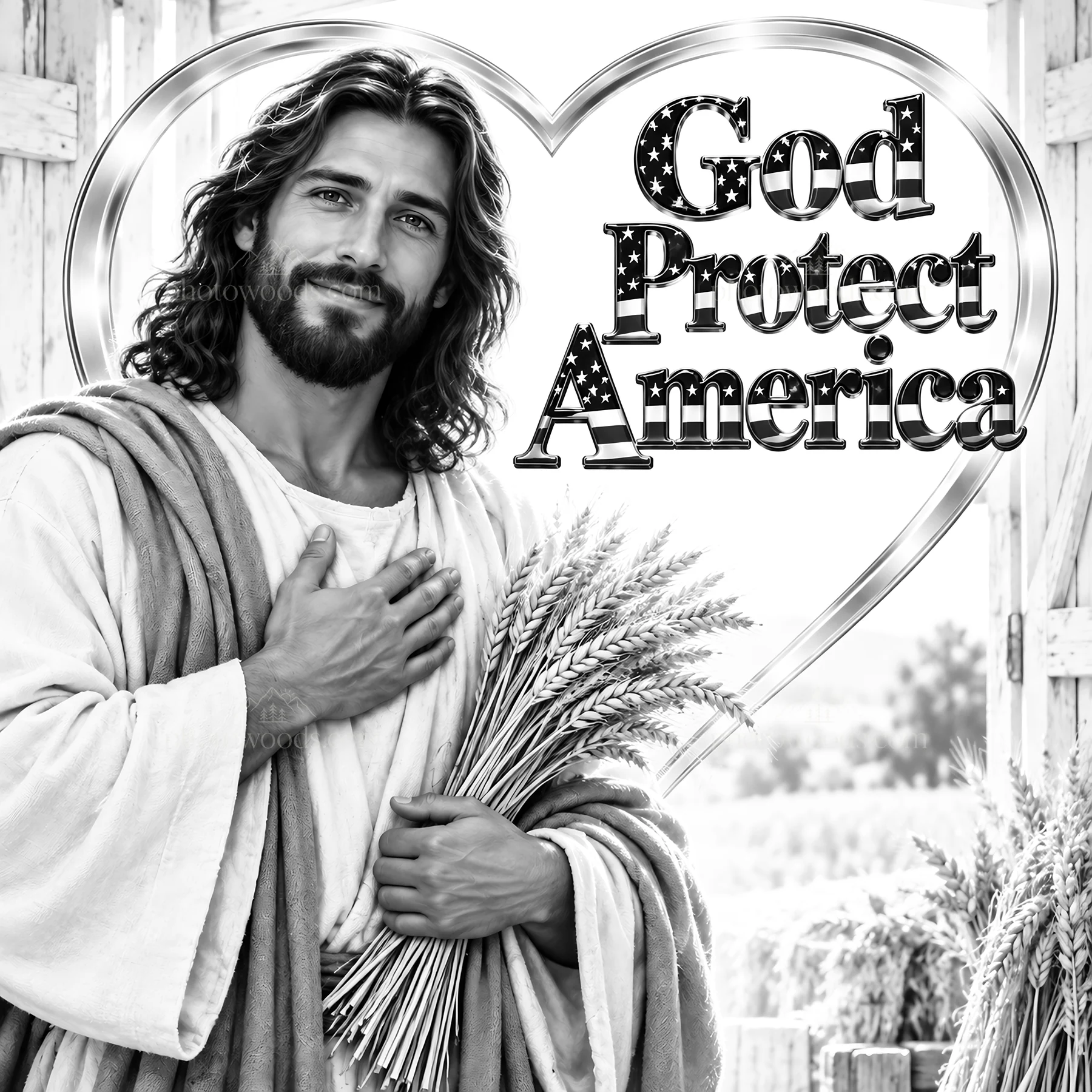 Jesus Christ holding wheat in a supportive scene for America - AI-generated stock image