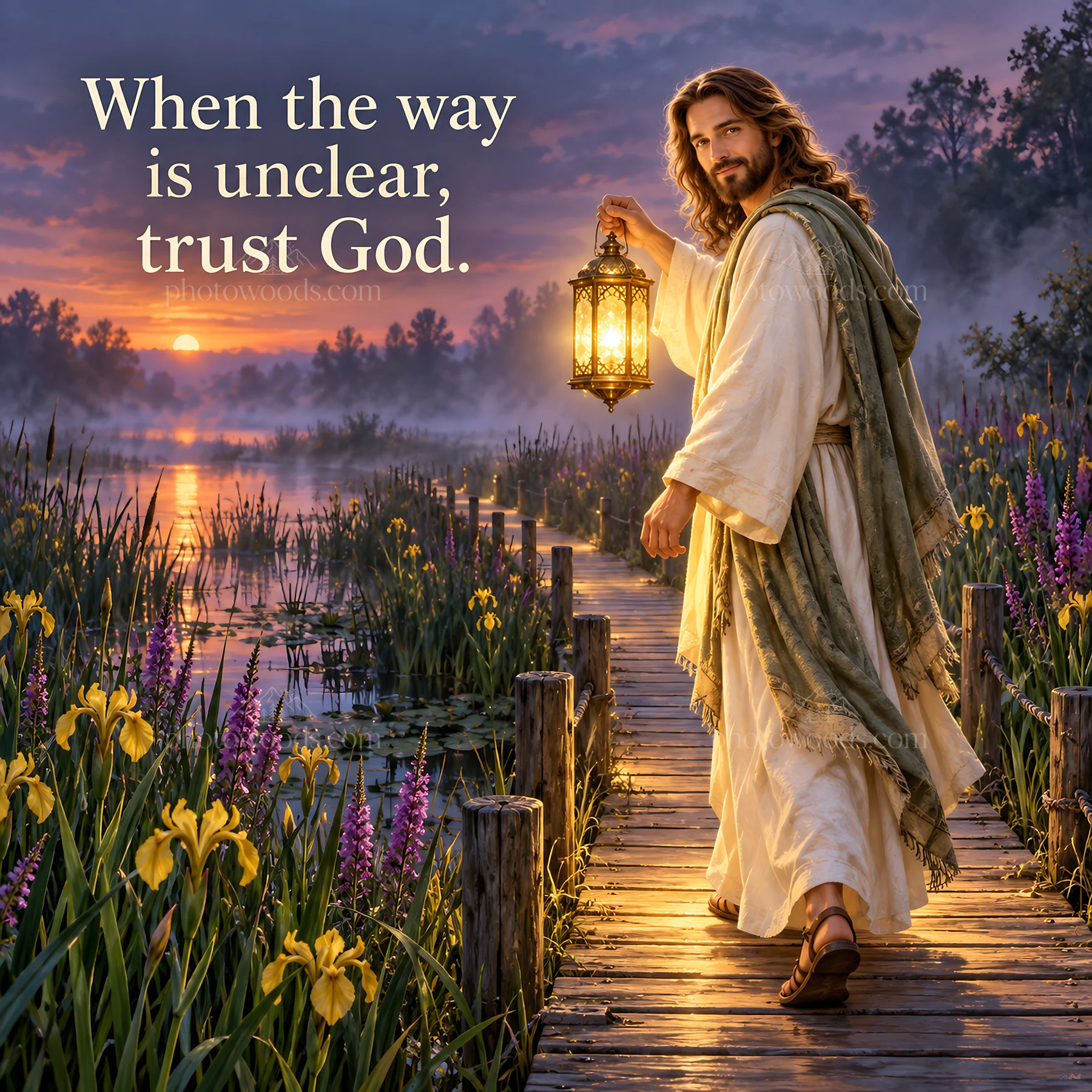 Jesus Christ walking on a path at sunset with a lantern - AI-generated stock image