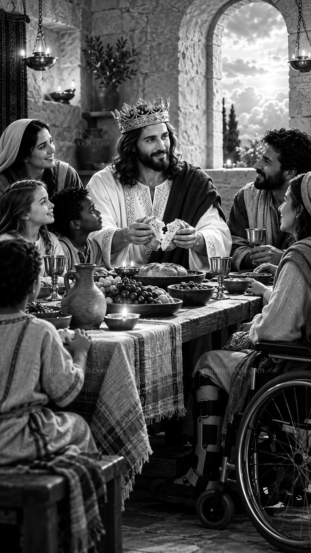 Jesus Christ sharing a meal with his followers - AI-generated stock image