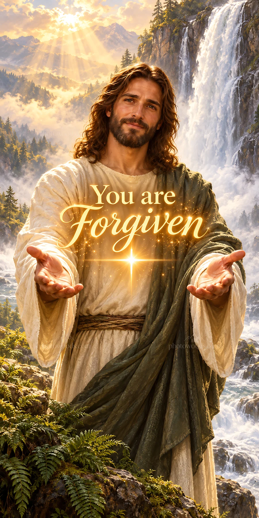 Jesus Christ offering forgiveness in a serene landscape - AI-generated stock image