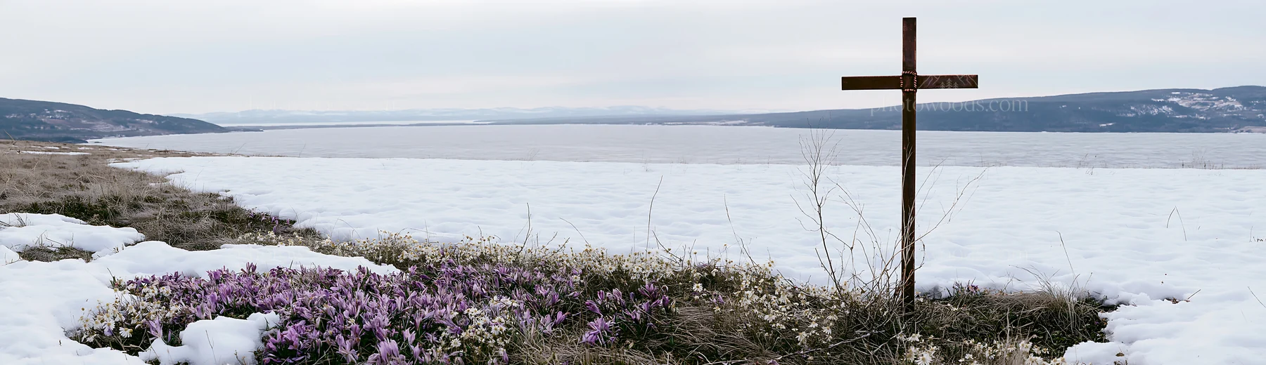 Weathered cross in snowy meadow by a calm lake - AI-generated stock image