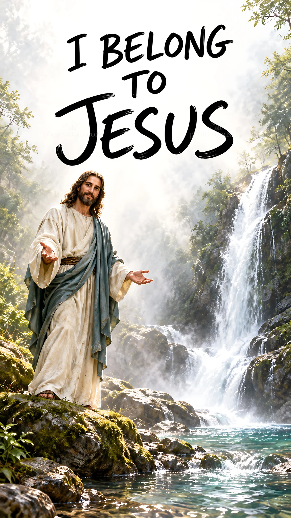 Jesus Christ welcoming by a waterfall - AI-generated stock image