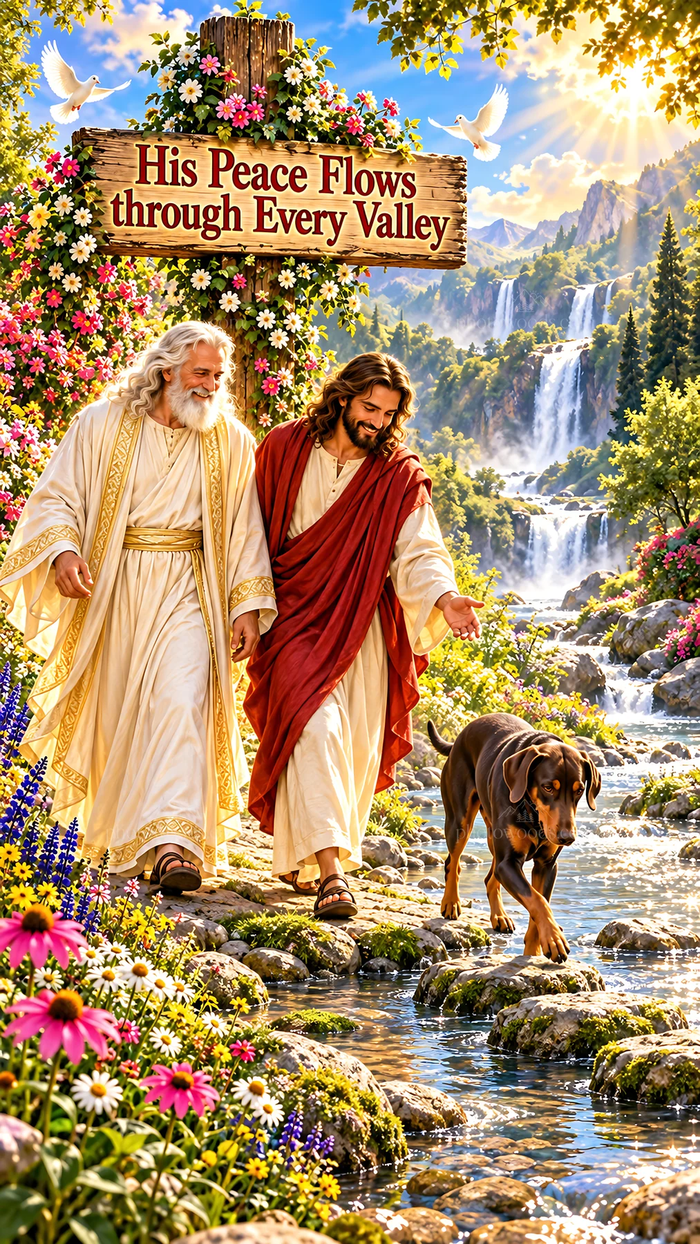 Jesus Christ walking with God in a peaceful landscape - AI-generated stock image