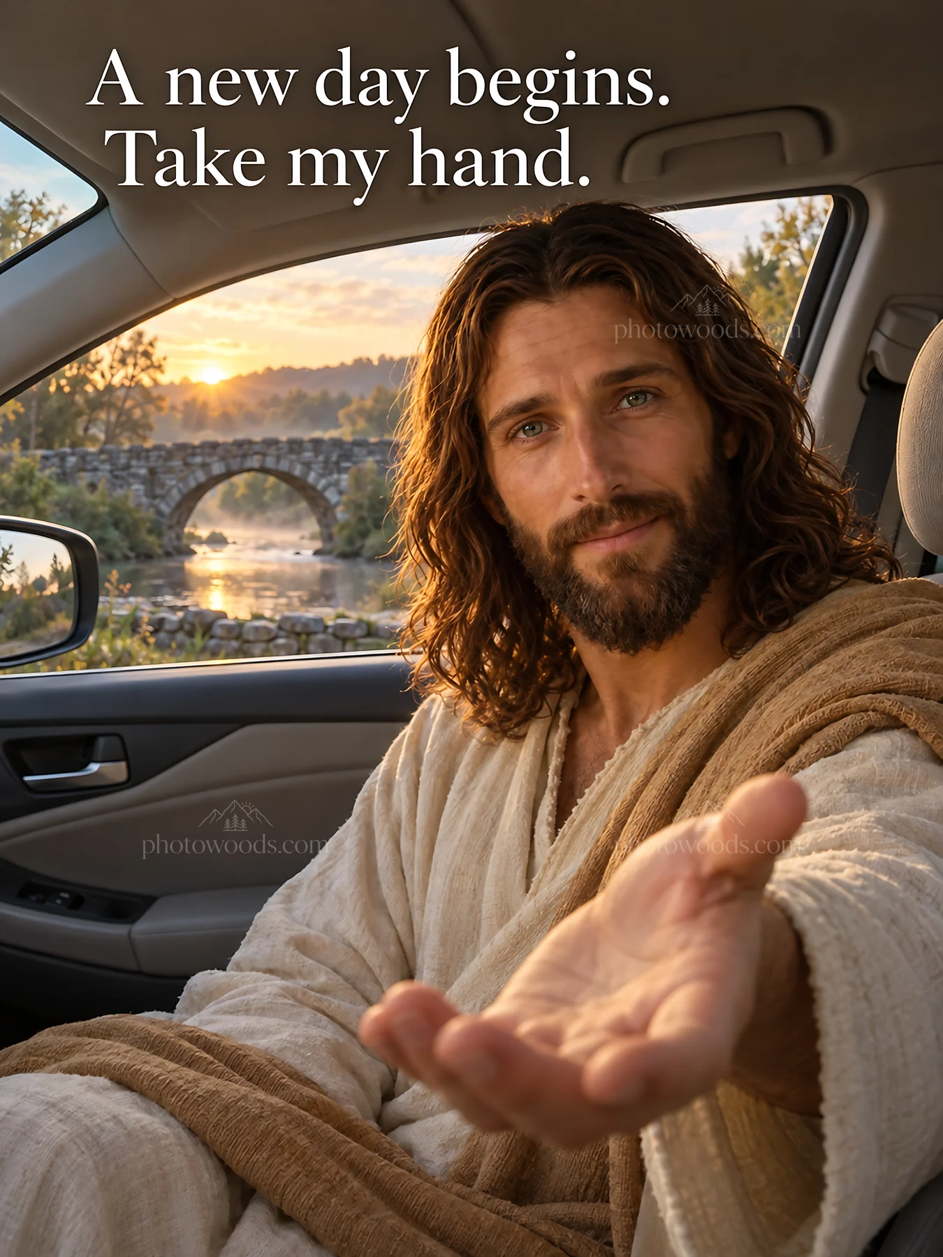 Jesus Christ invites the viewer to a new day - AI-generated stock image