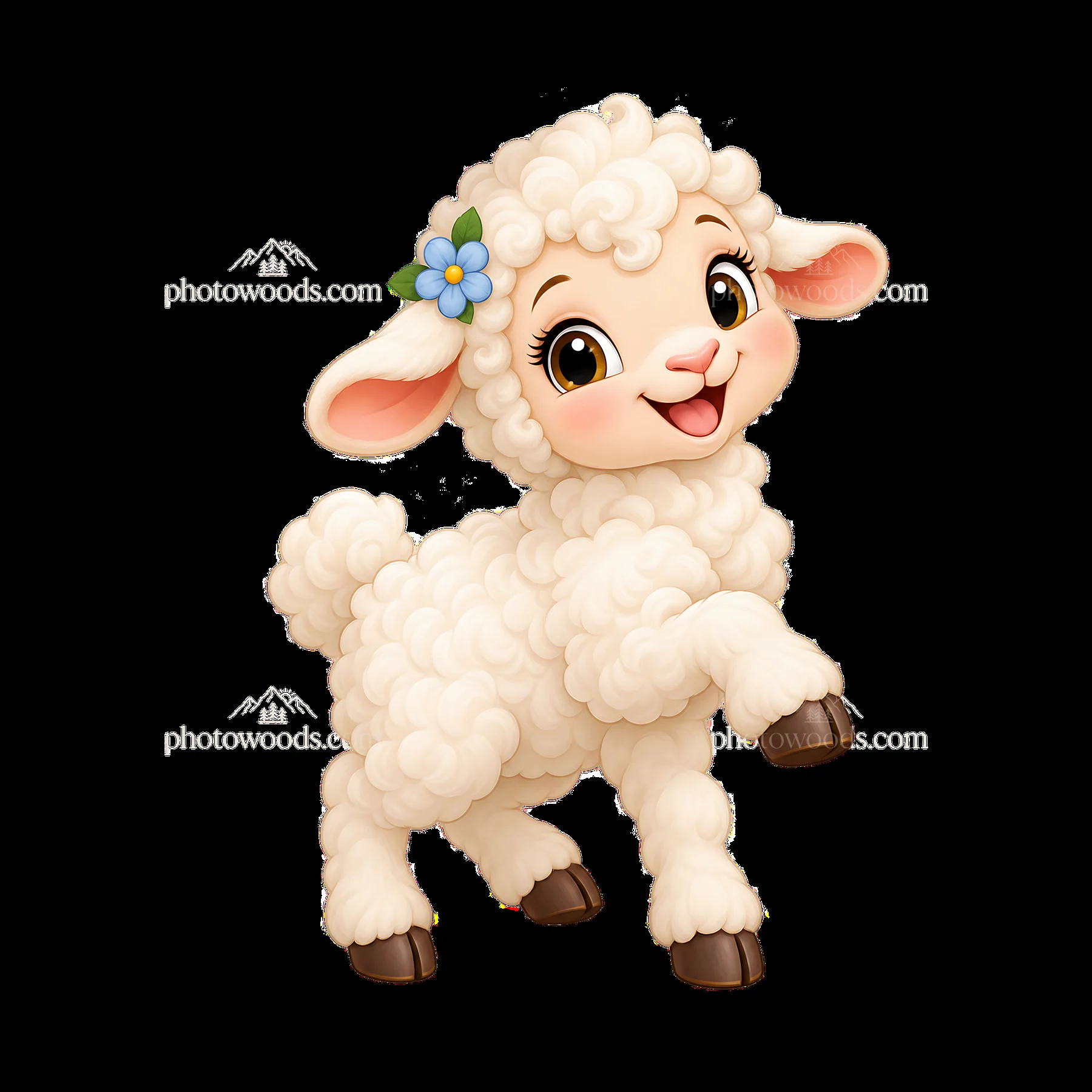Happy cartoon sheep with flower jumping on a farm - AI-generated stock image