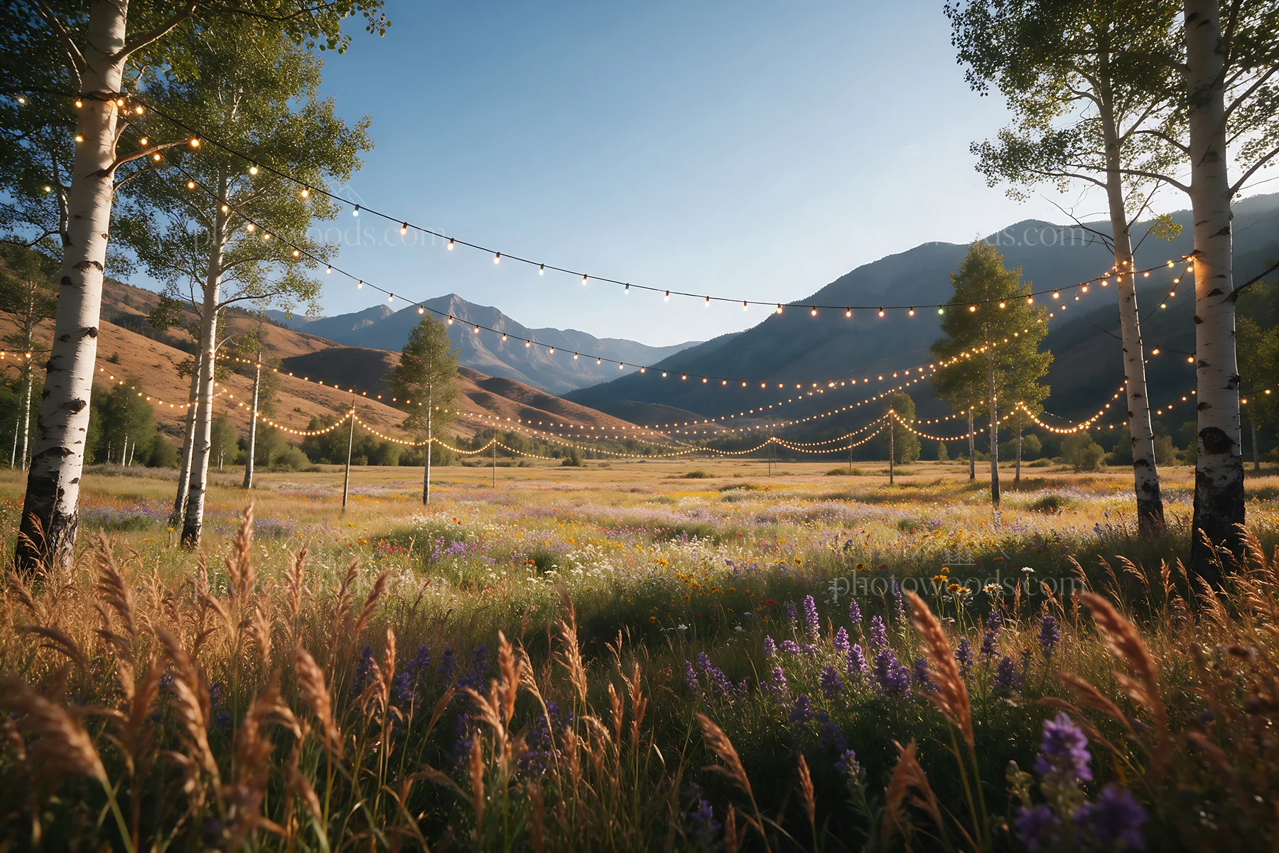 Warm Christmas lights across mountain valley meadow - AI-generated stock image