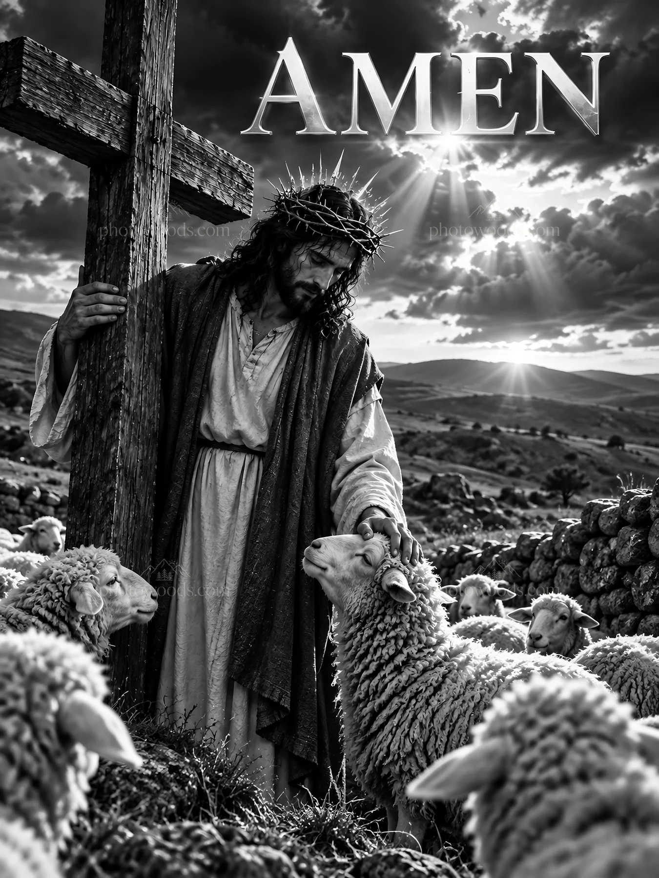 Jesus Christ caring for sheep in a pastoral setting - AI-generated stock image