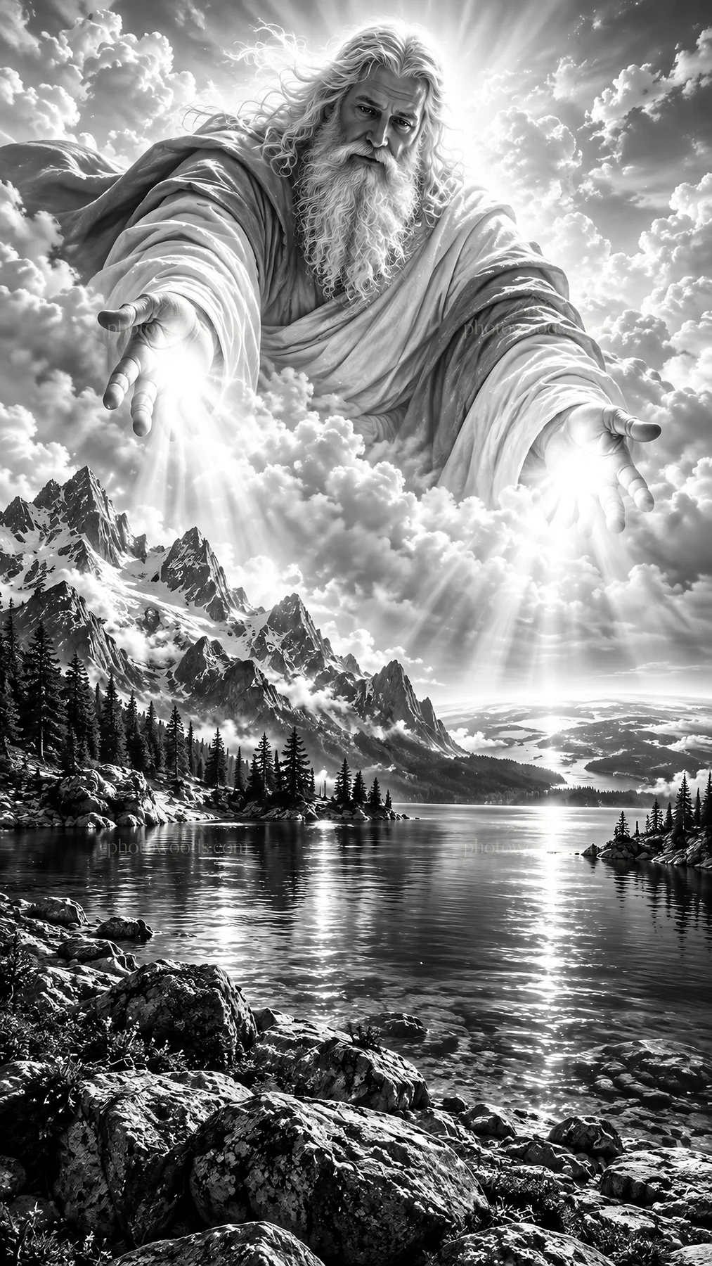 Jesus Christ welcomes with open arms over a scenic landscape - AI-generated stock image