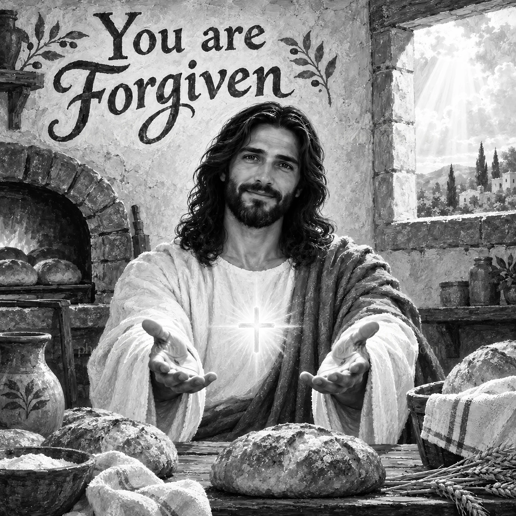 Jesus Christ sharing forgiveness while offering bread - AI-generated stock image