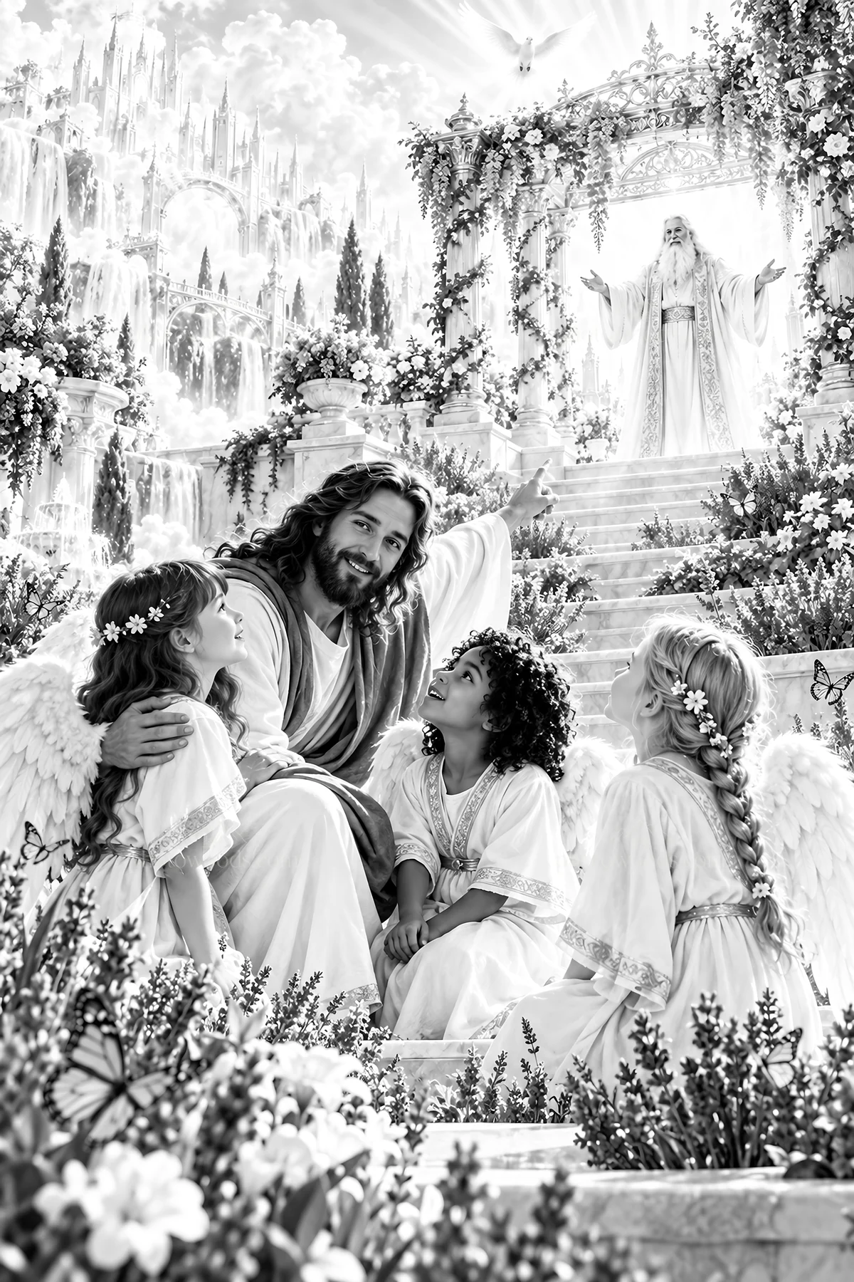 Jesus Christ with children in a garden setting - AI-generated stock image