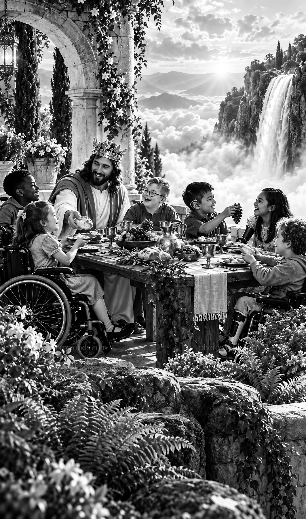 Jesus Christ sharing a meal with children in a beautiful setting - AI-generated stock image