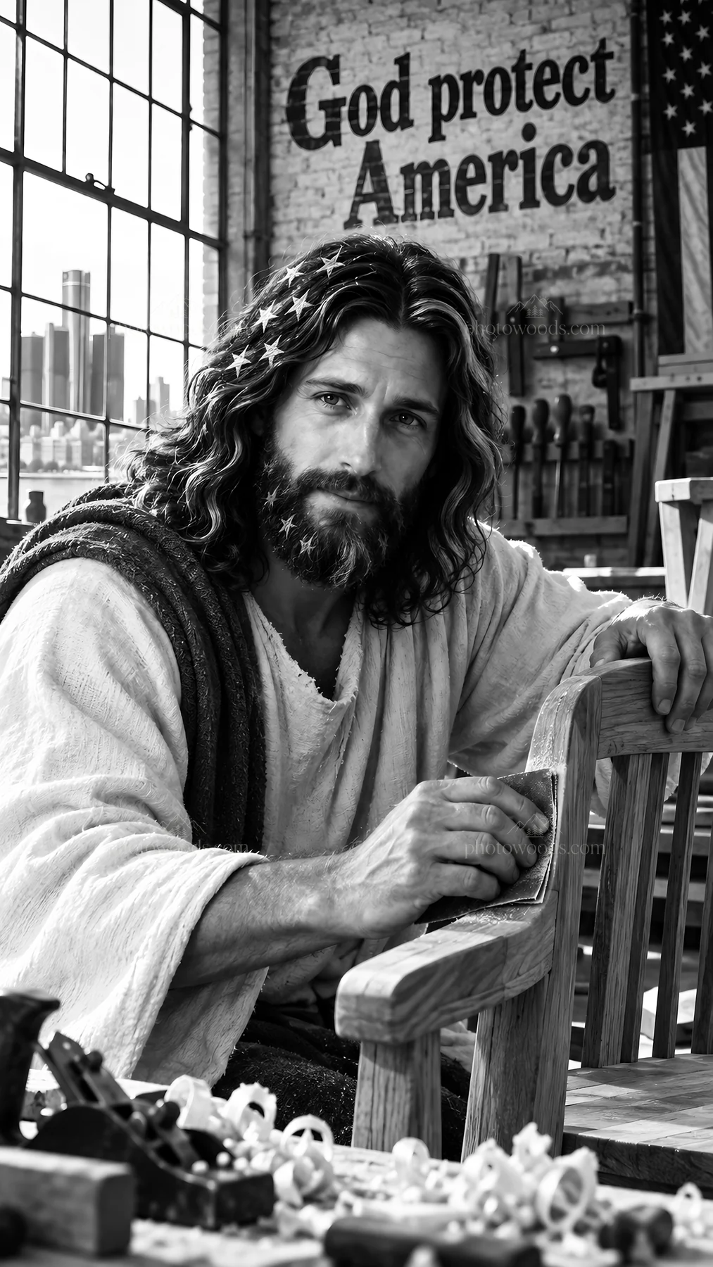 Jesus Christ in a workshop crafting a wooden chair - AI-generated stock image