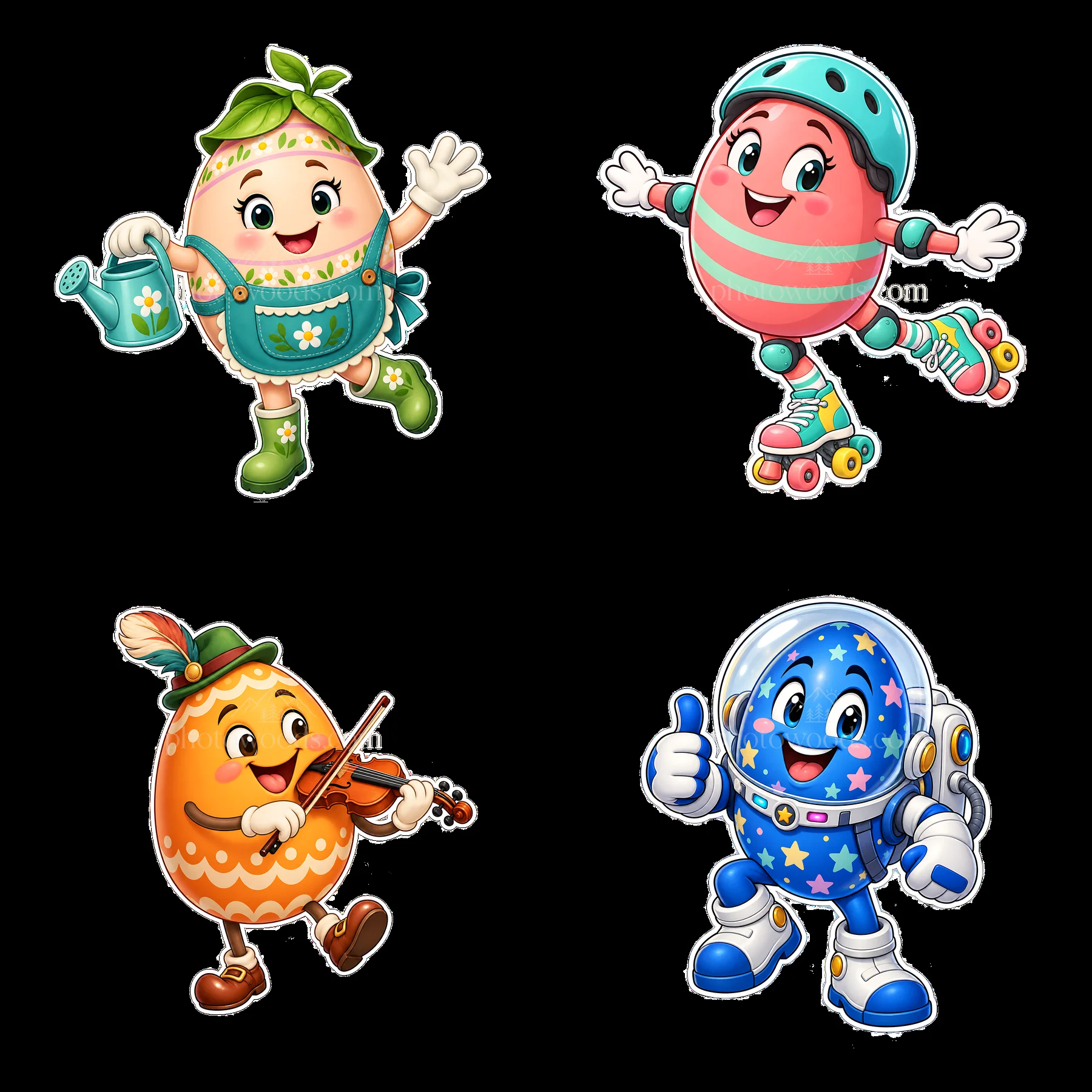 Four cartoon figure stickers in a square arrangement - AI-generated stock image