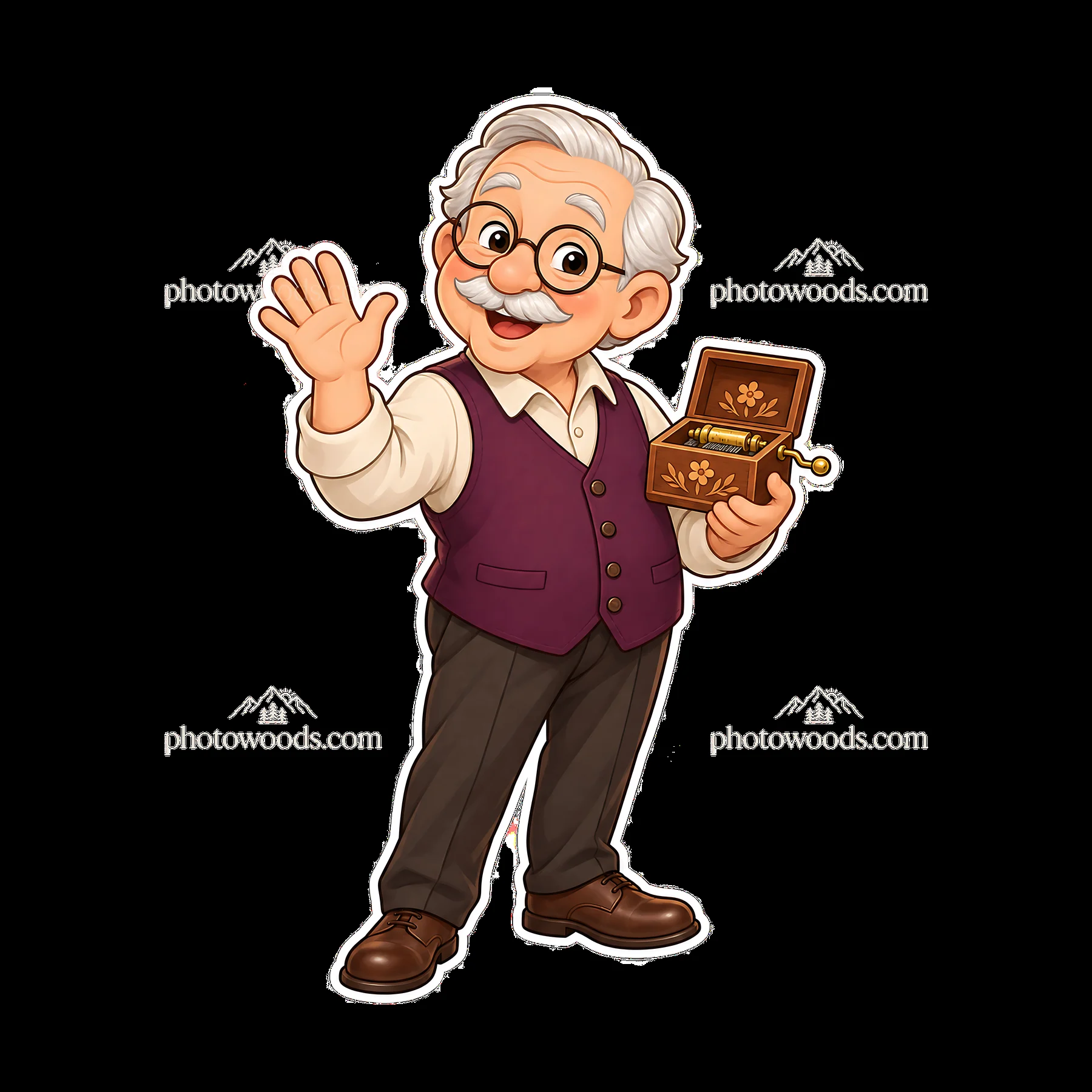 Old man with mechanical music box waving happily - AI-generated stock image
