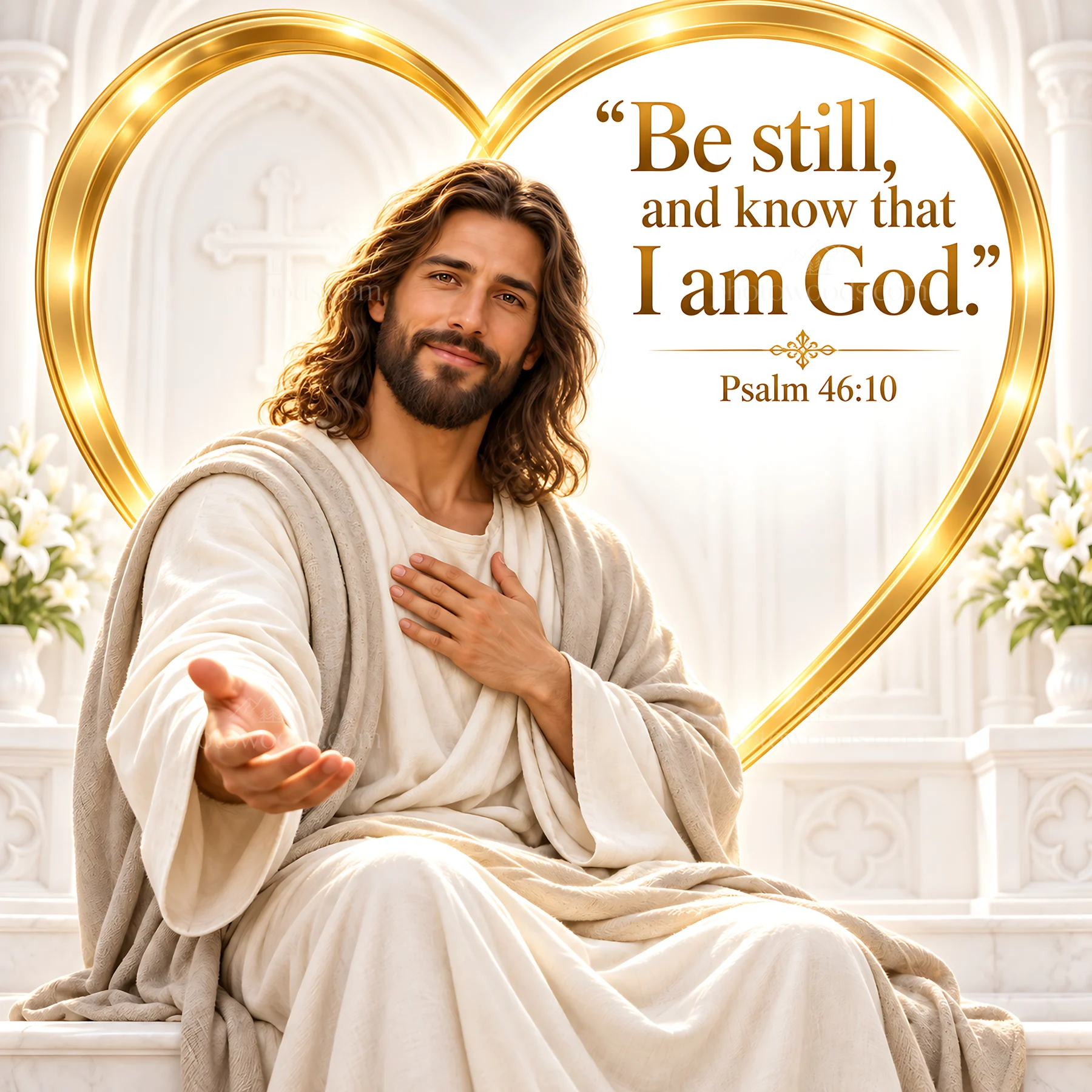 Jesus Christ inviting viewers with open arms and a warm smile - AI-generated stock image
